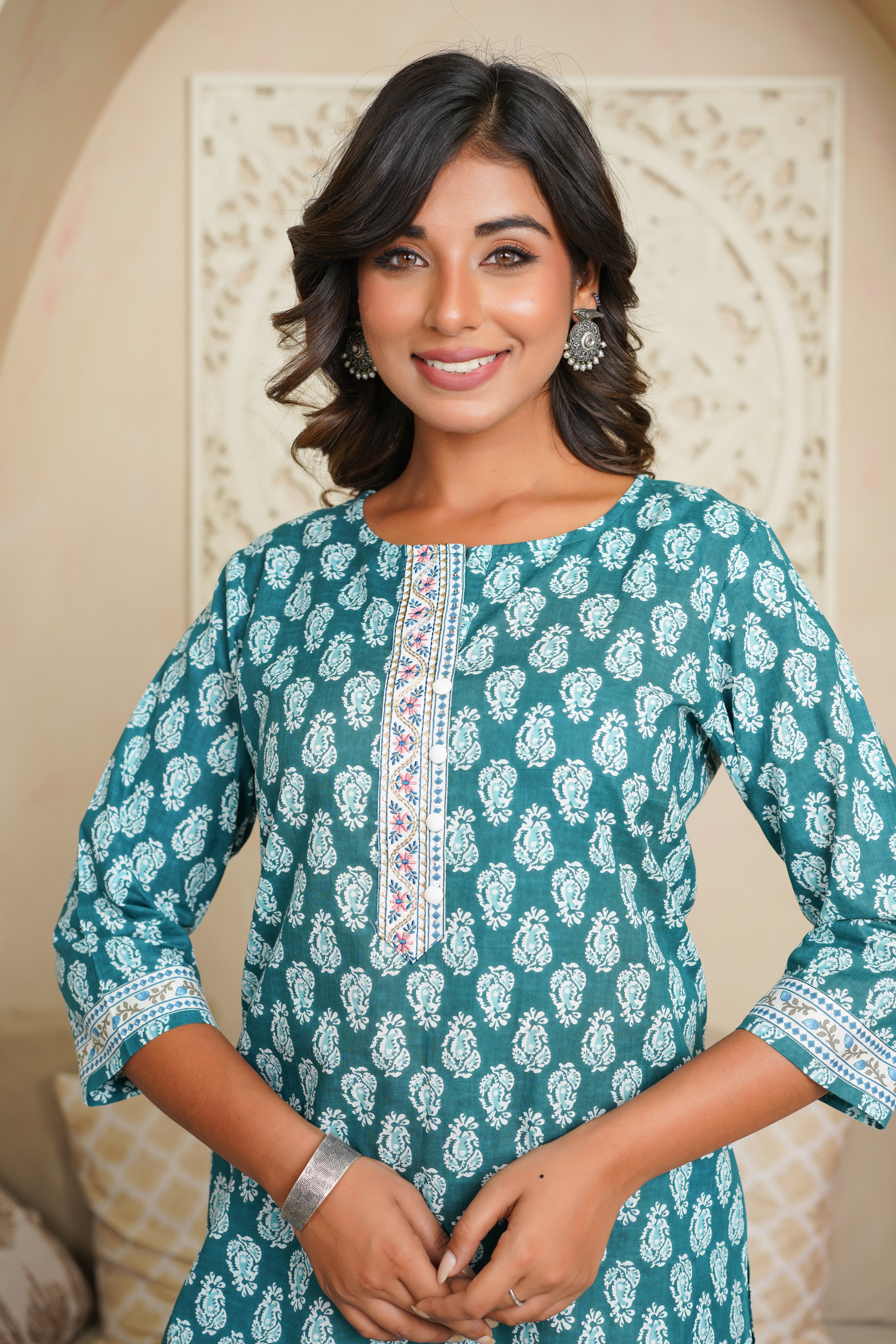 Teal Motif Printed Cotton Kurti