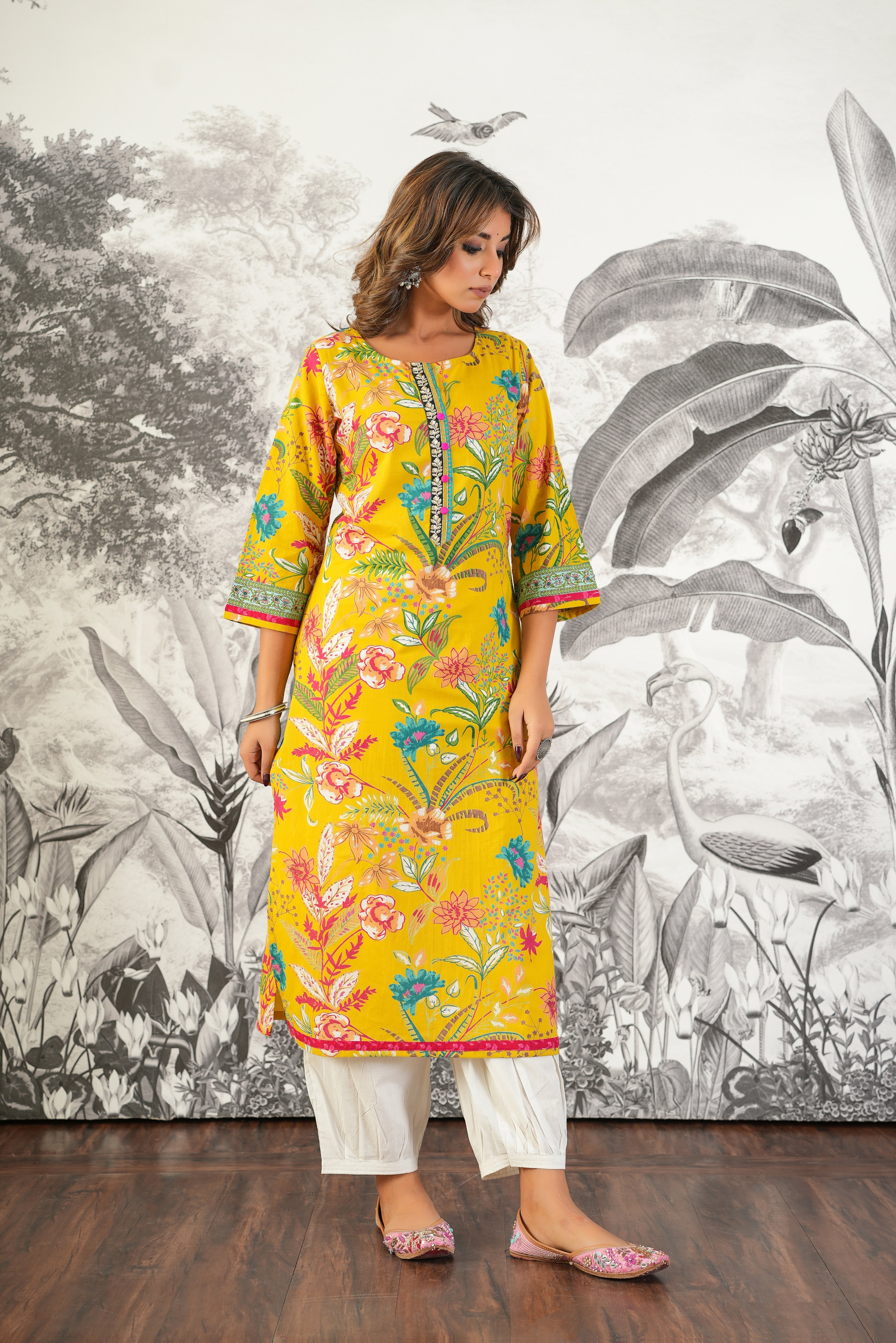 Mustard Floral Printed Cotton Kurta