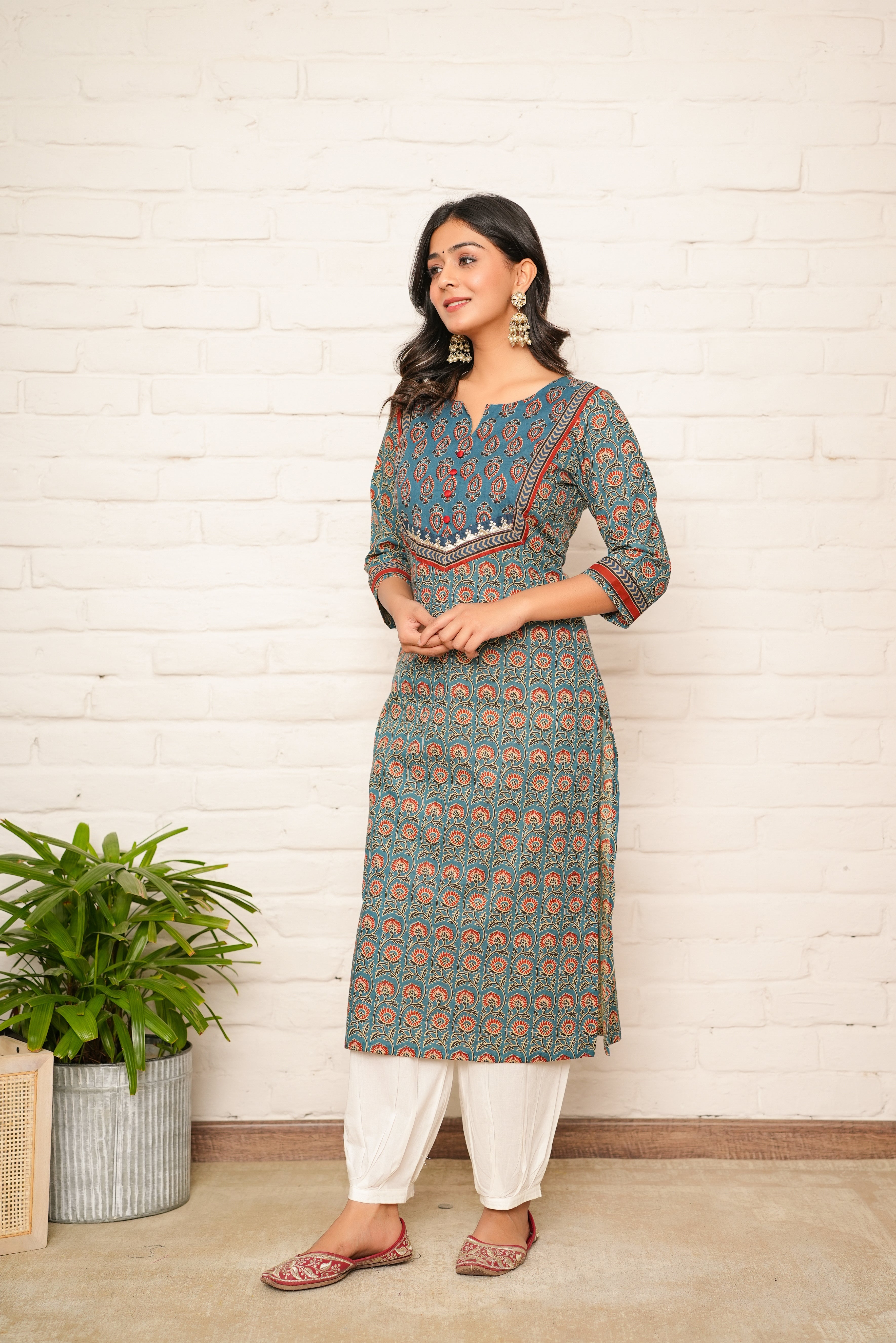 Blue Floral Printed Cotton Kurta