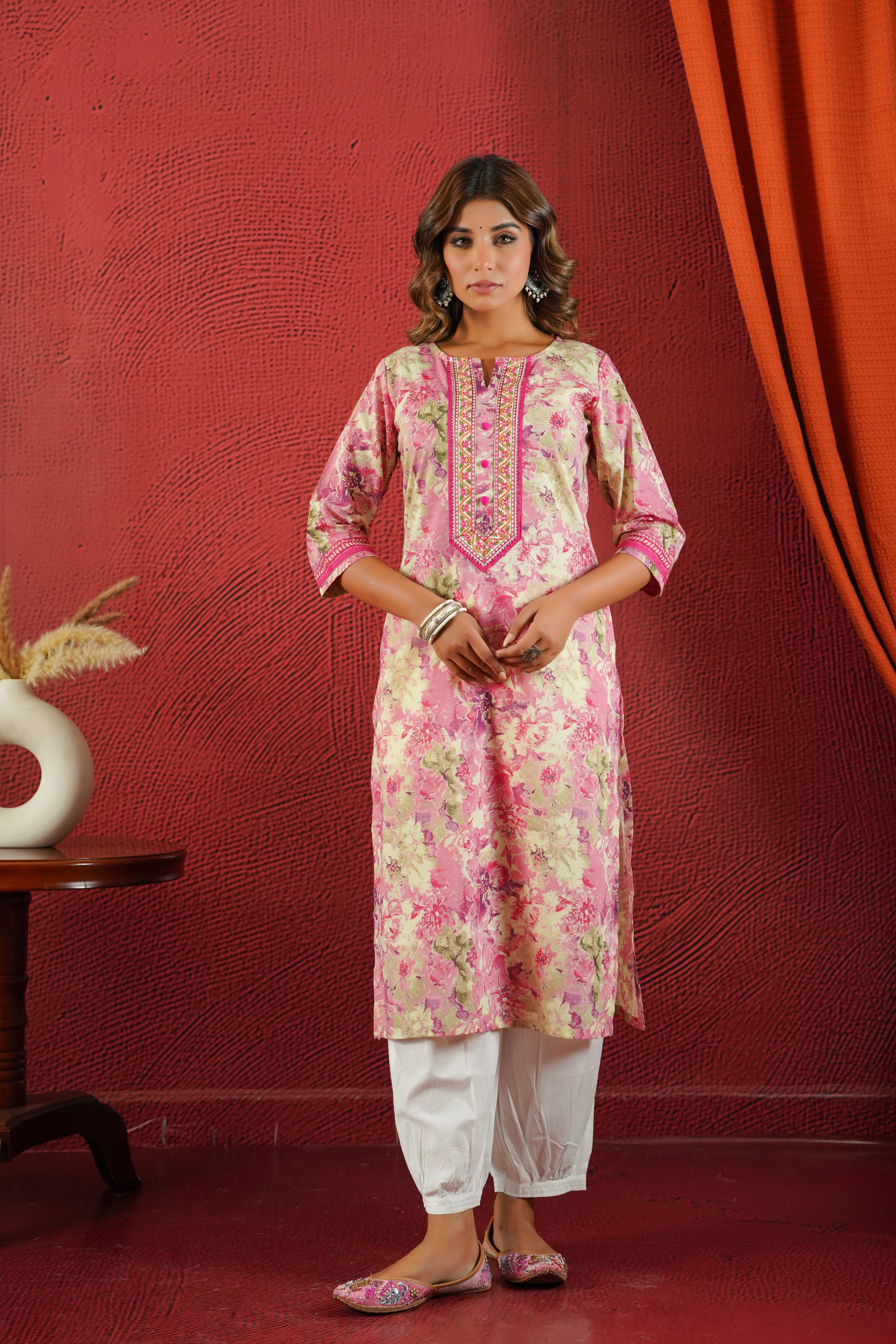 Pink Floral Printed Cotton Kurta