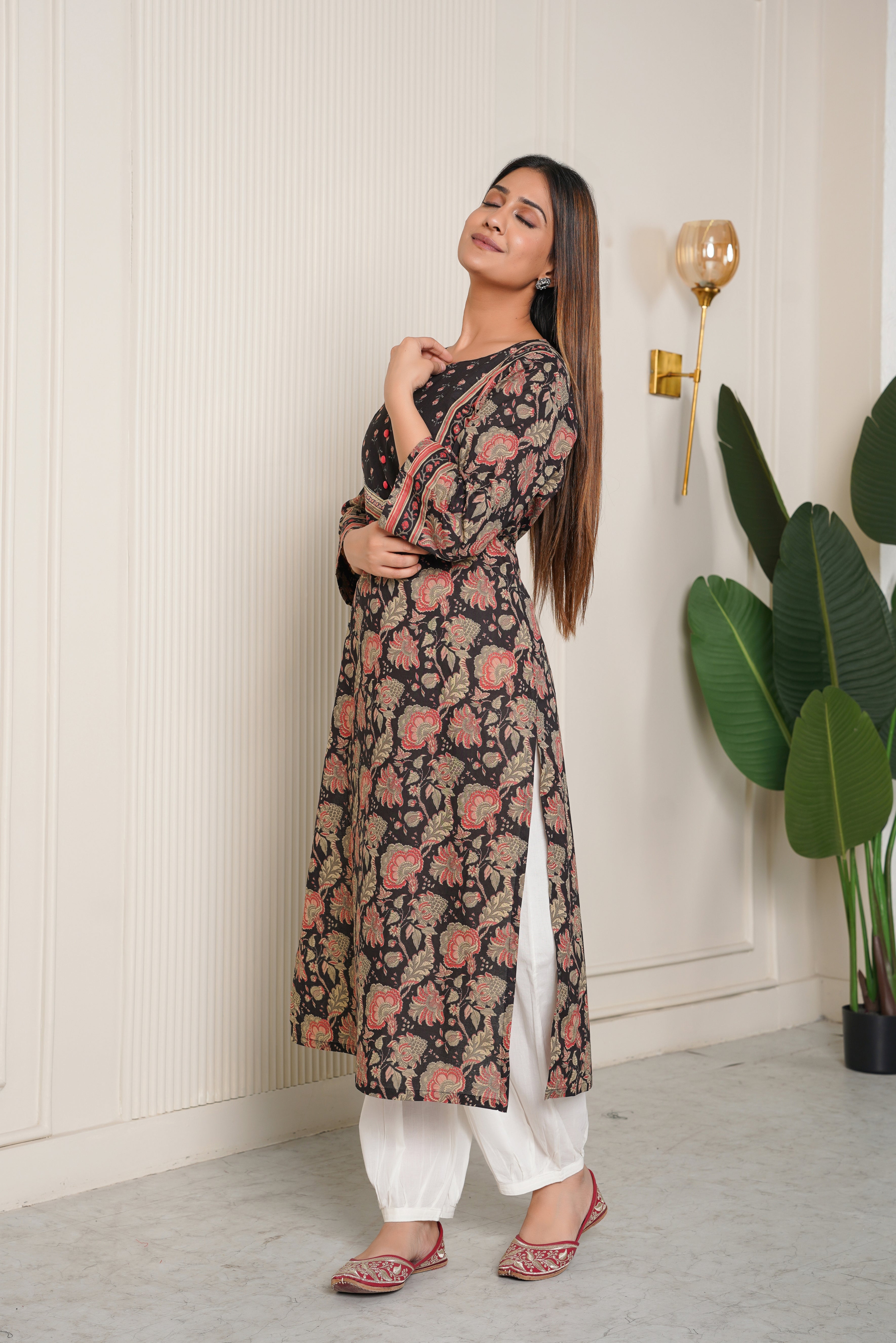 Black Floral Printed Cotton Kurta