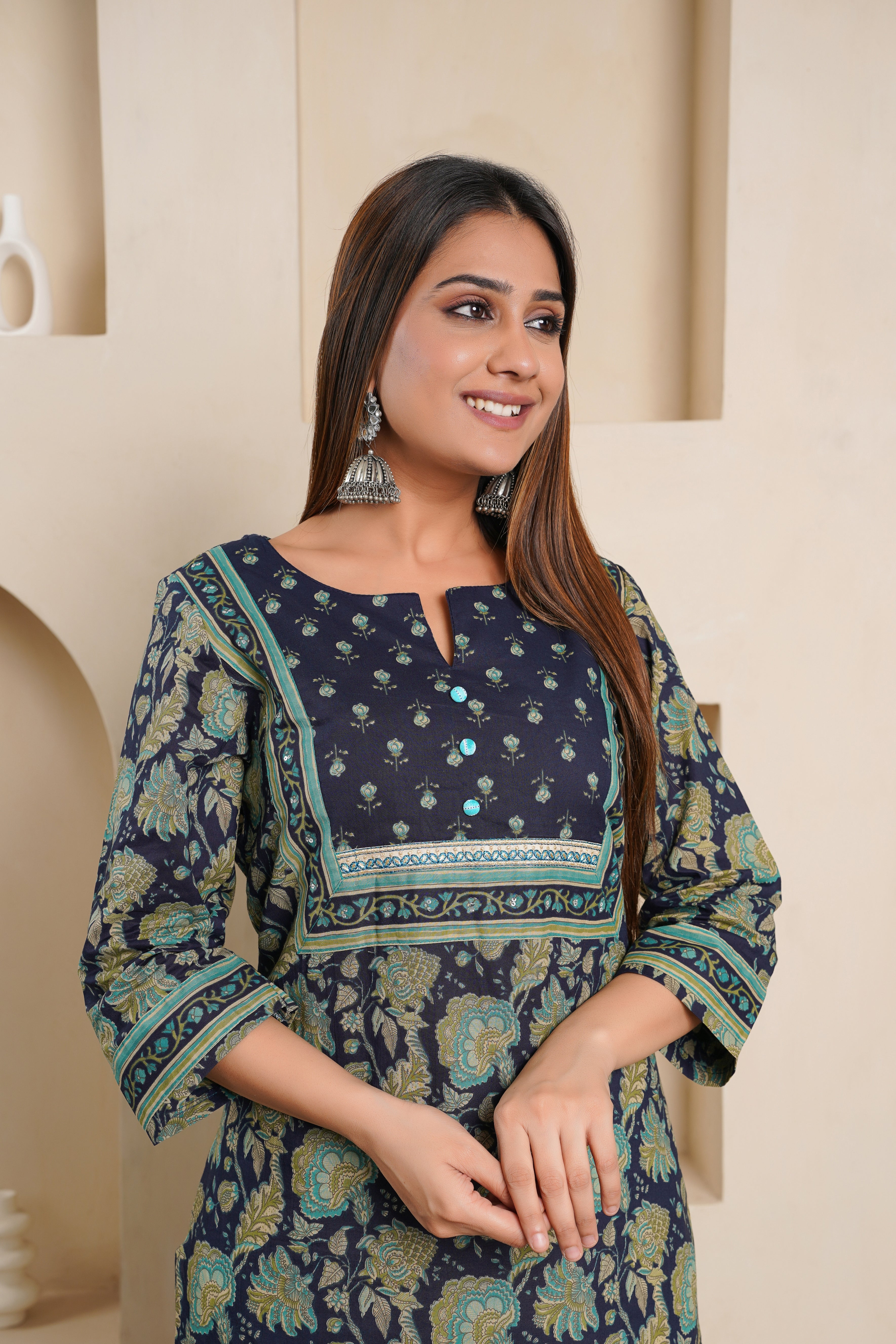 Blue Floral Printed Cotton Kurta