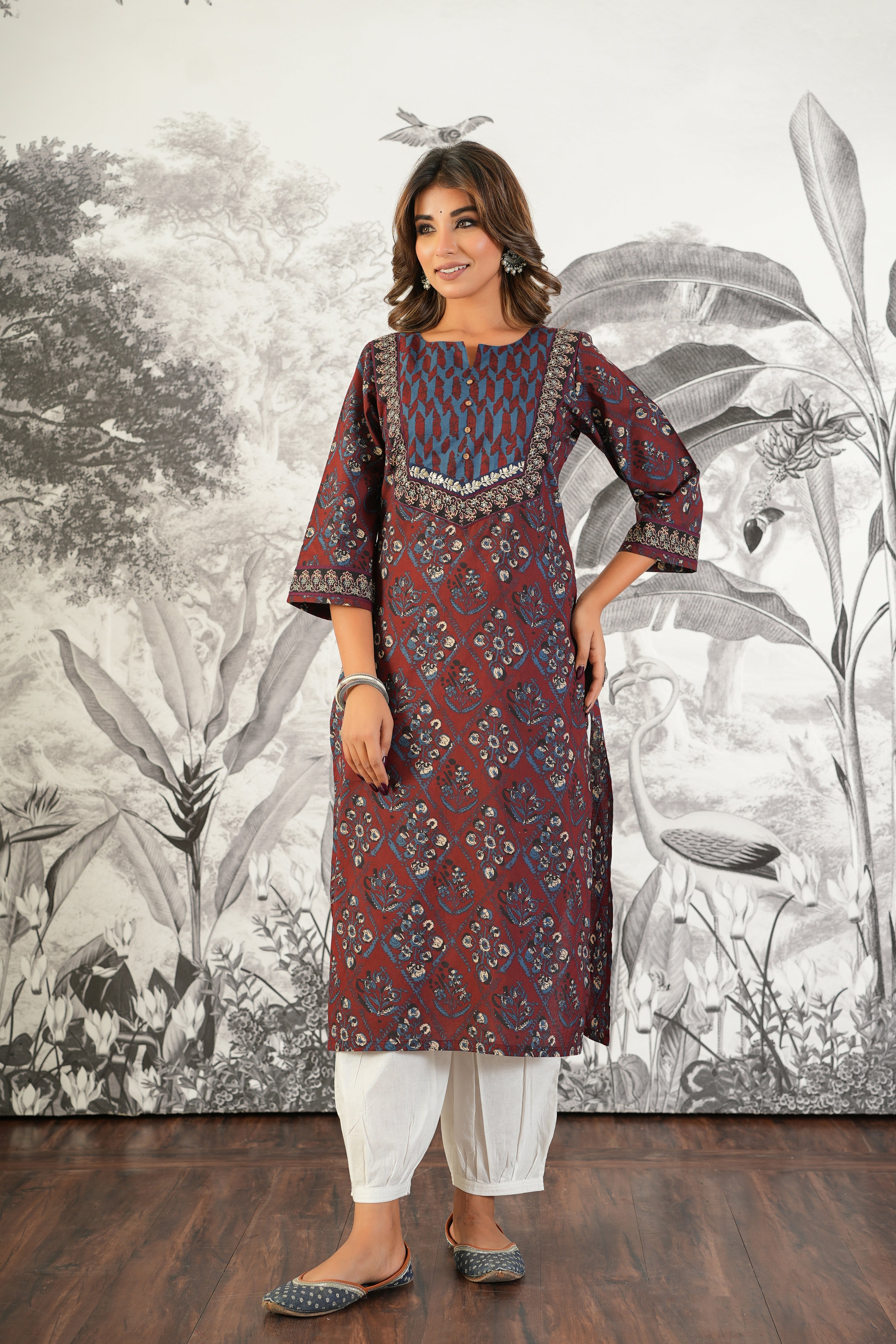 Maroon Motif Printed Cotton Kurta