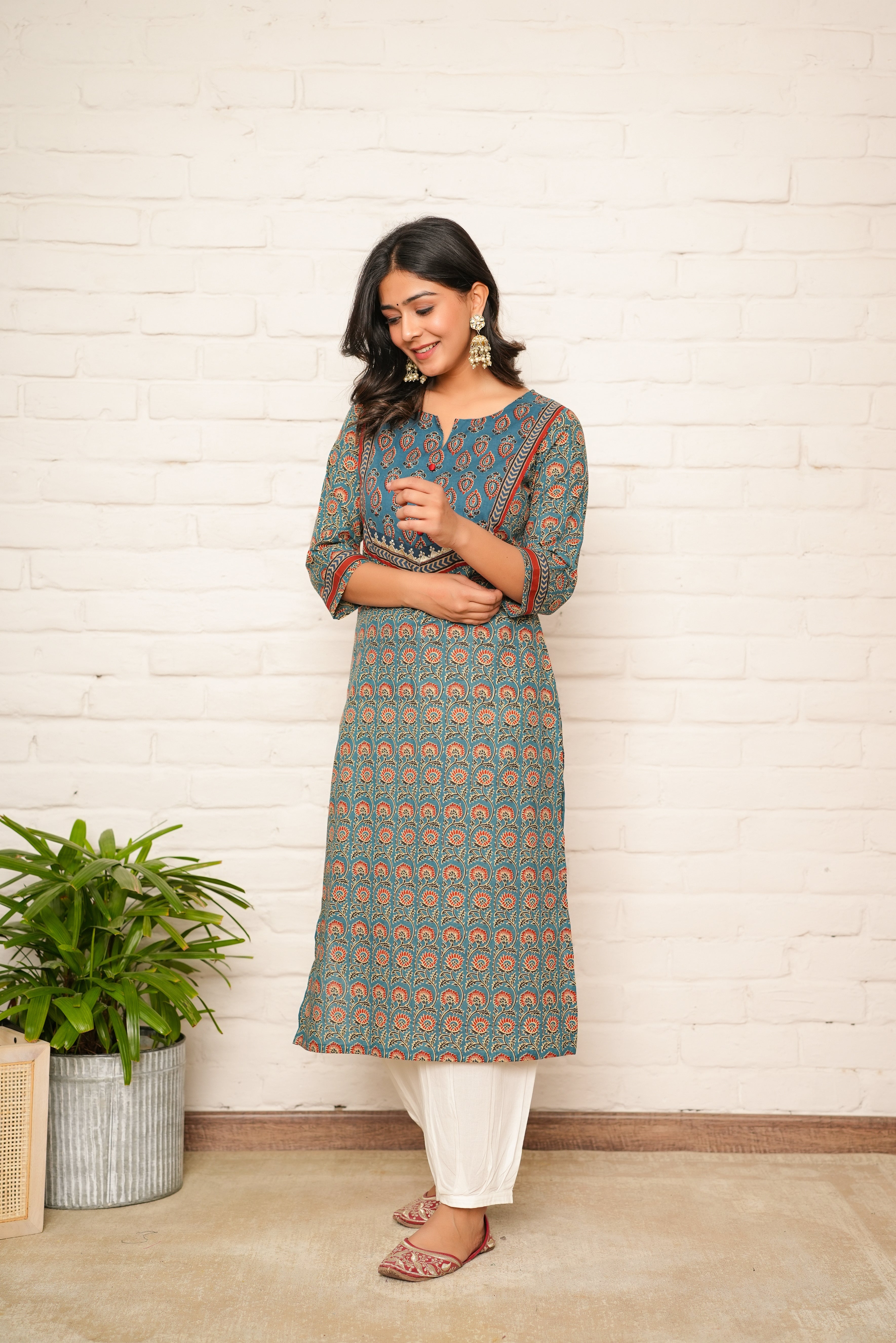 Blue Floral Printed Cotton Kurta