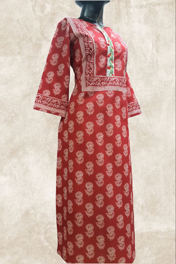 Red Motif Printed Cotton Kurta