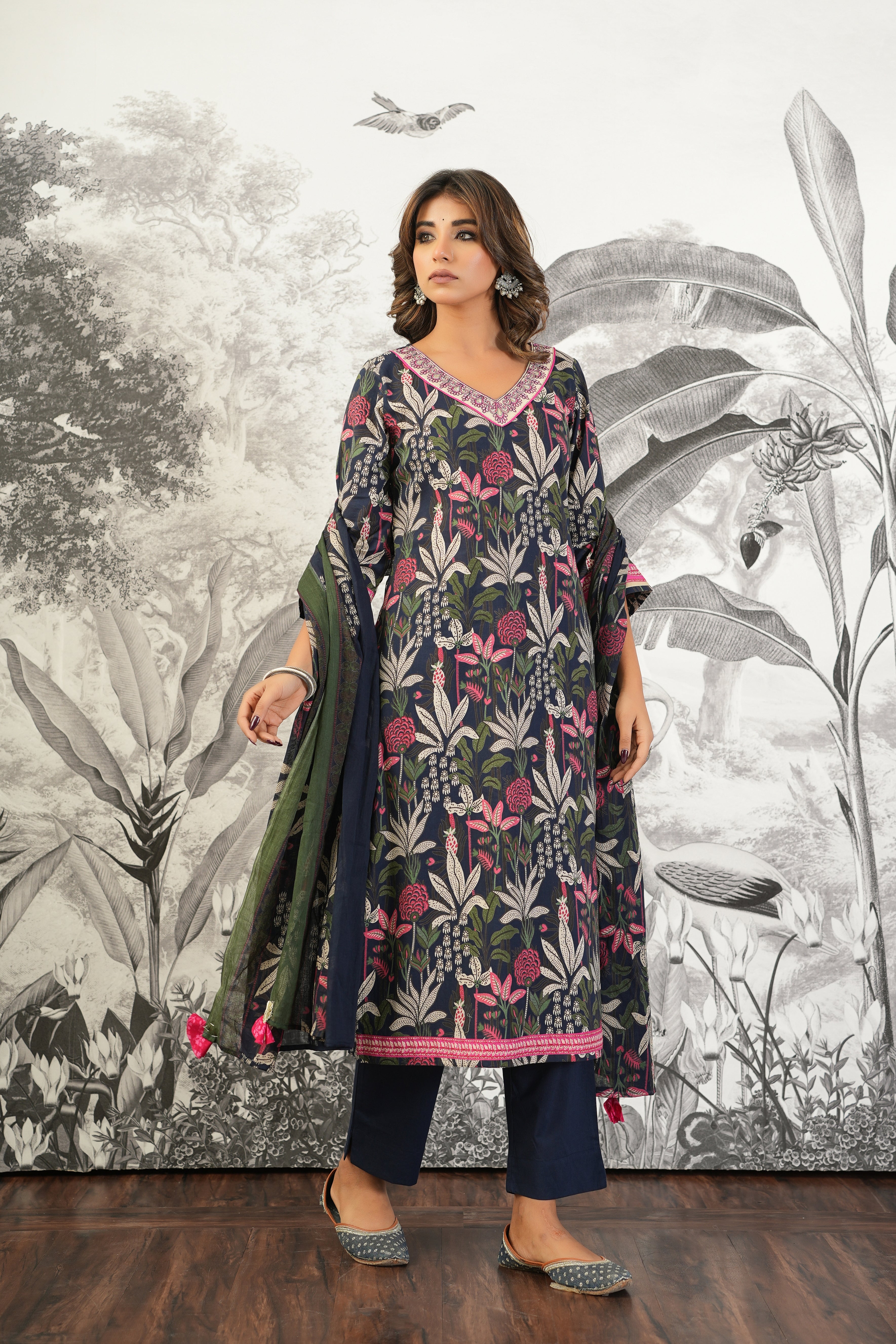 Blue Floral Printed Cotton Suit Set