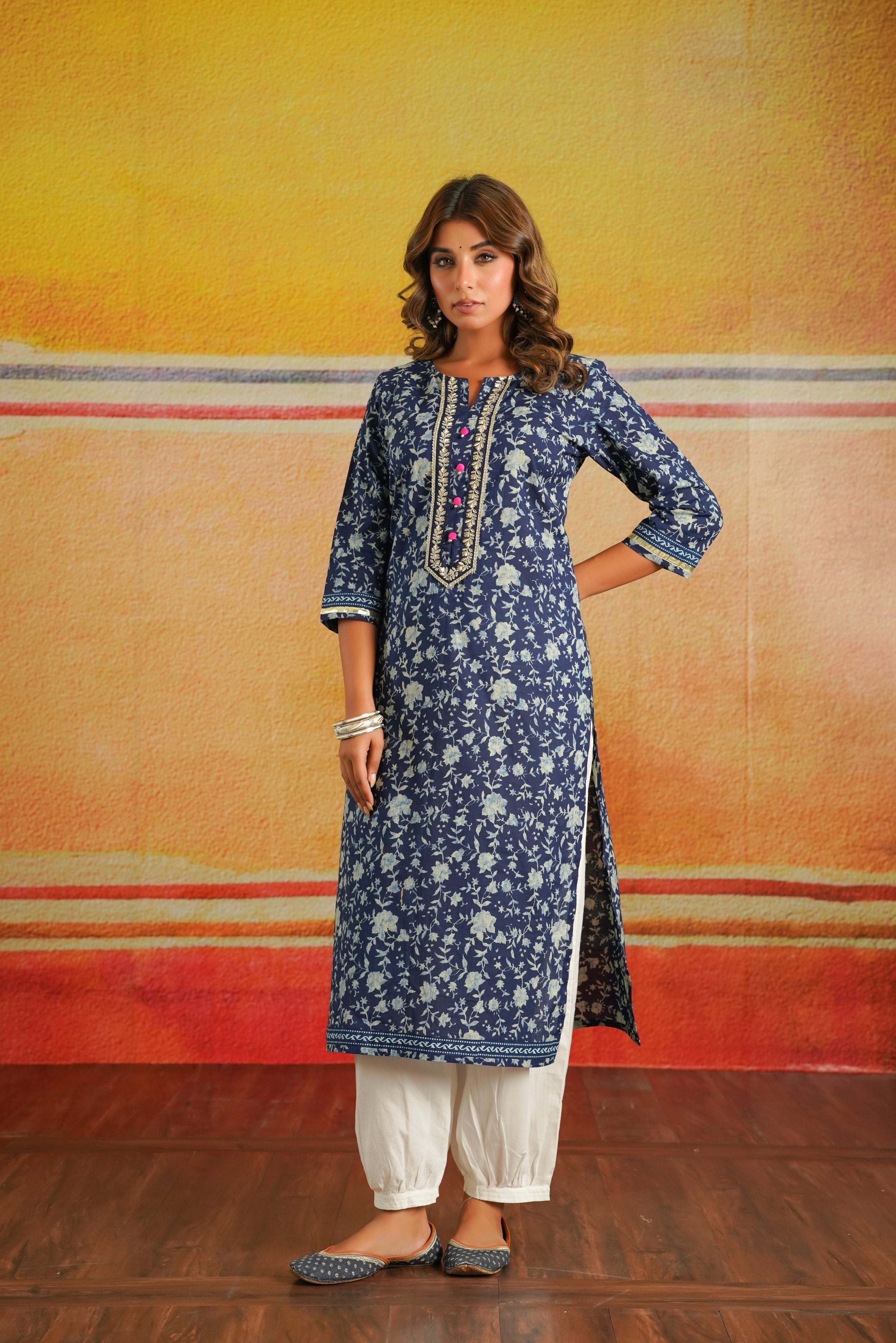 Indigo Floral Printed Cotton Kurta