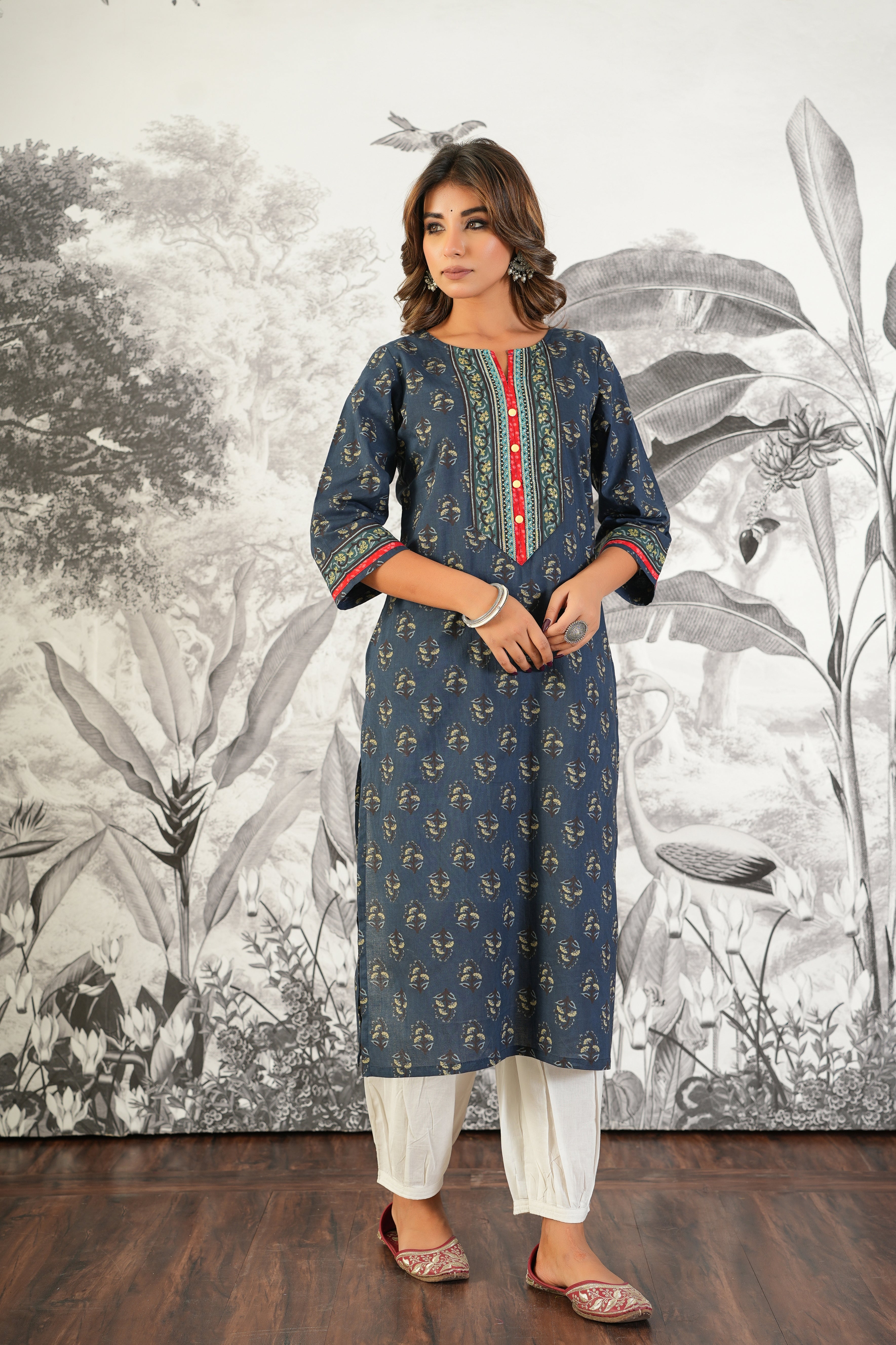 Blue Motif Printed Cotton Kurta