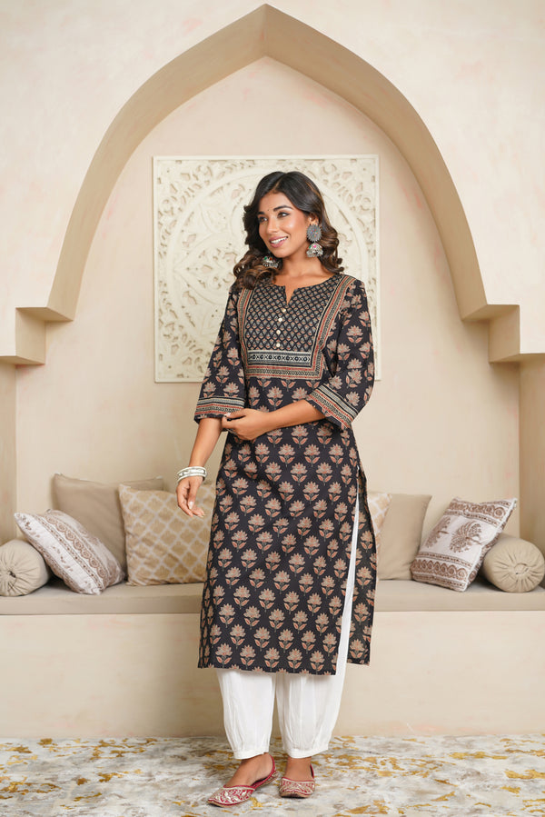 Black Motif Printed Cotton Kurta