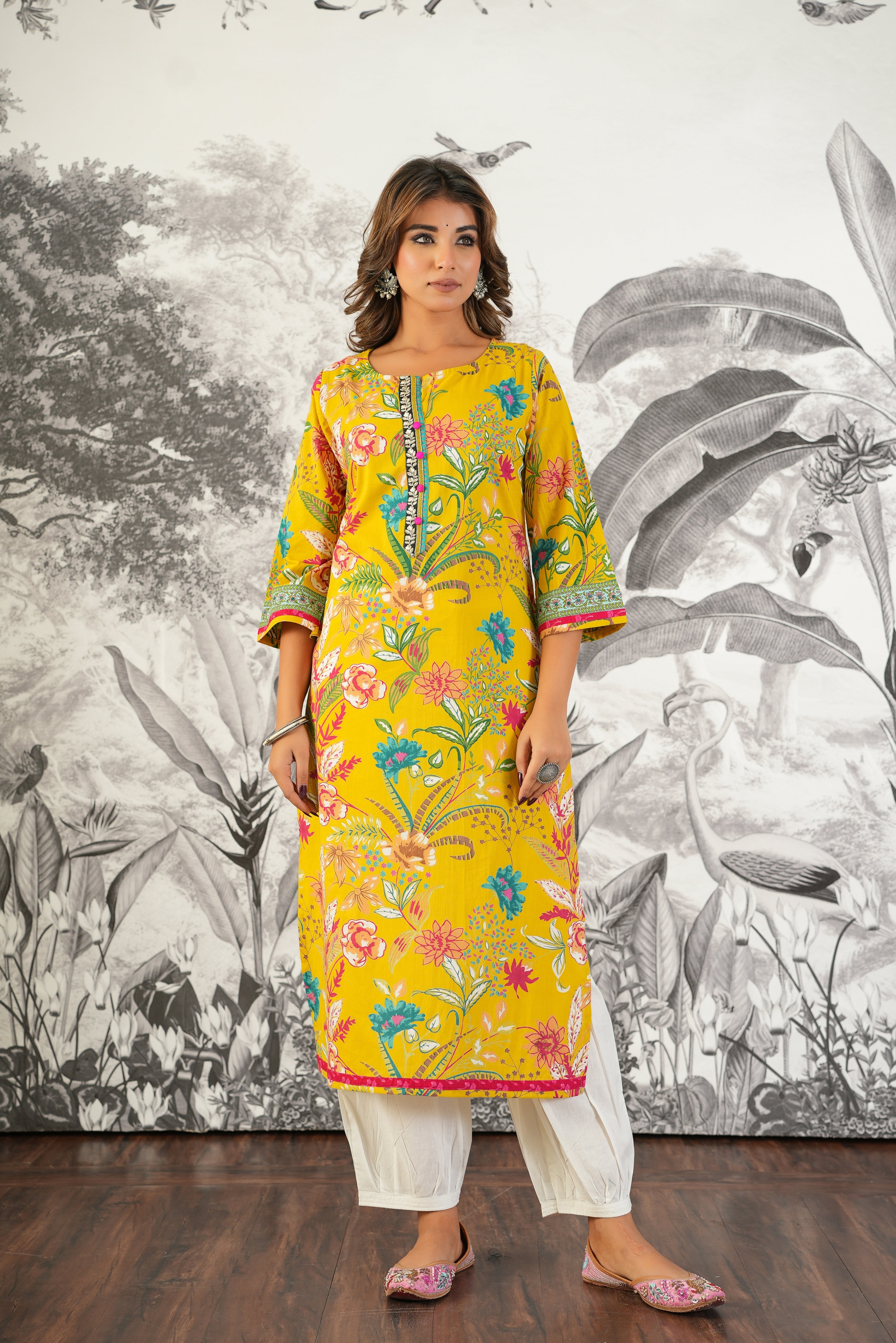 Mustard Floral Printed Cotton Kurta