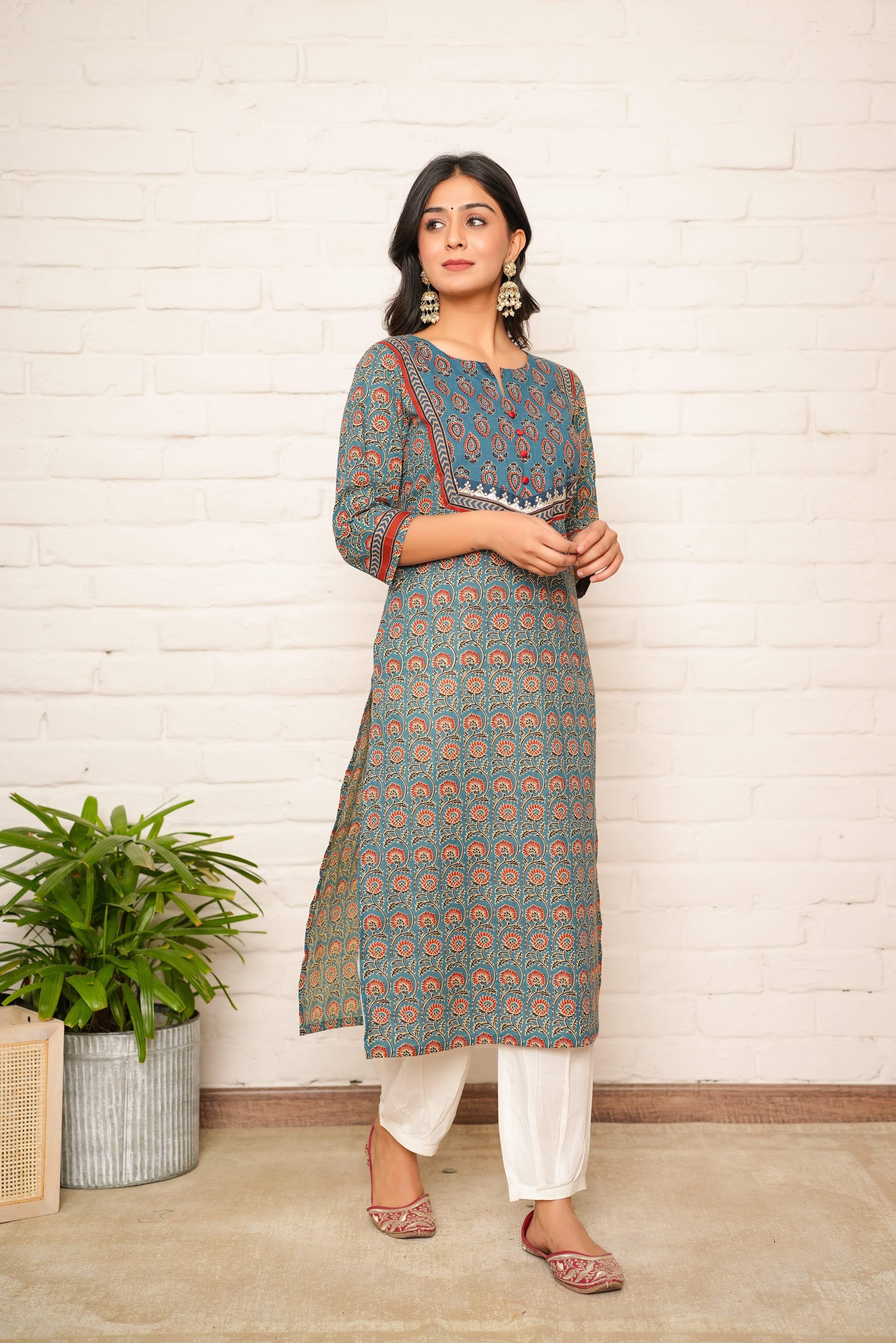 Blue Floral Printed Cotton Kurta