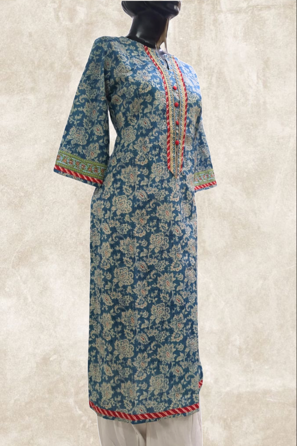 Blue Floral Printed Cotton Kurta