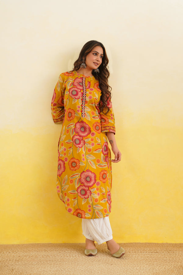 Mustard Floral Cotton Printed Kurta