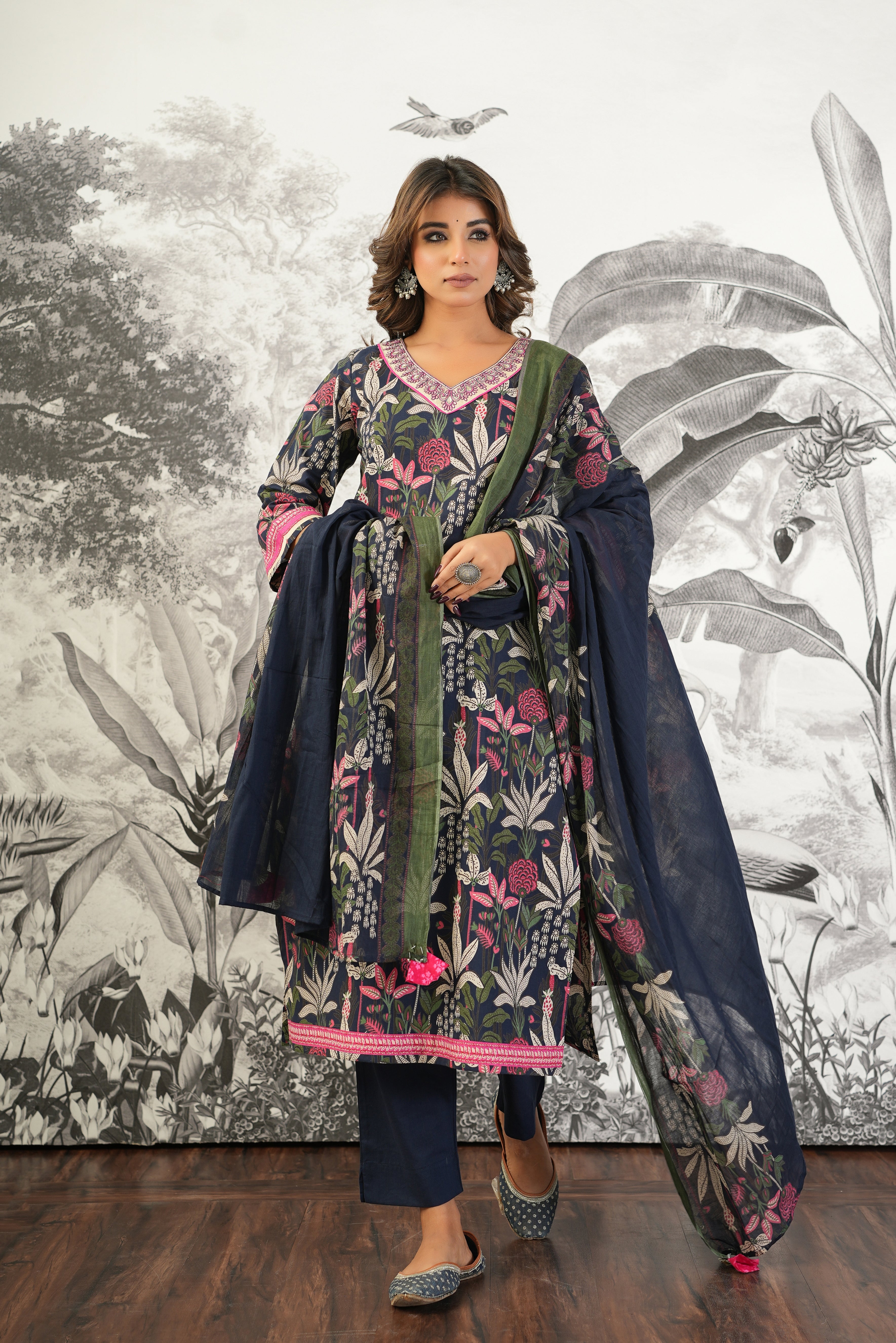 Blue Floral Printed Cotton Suit Set