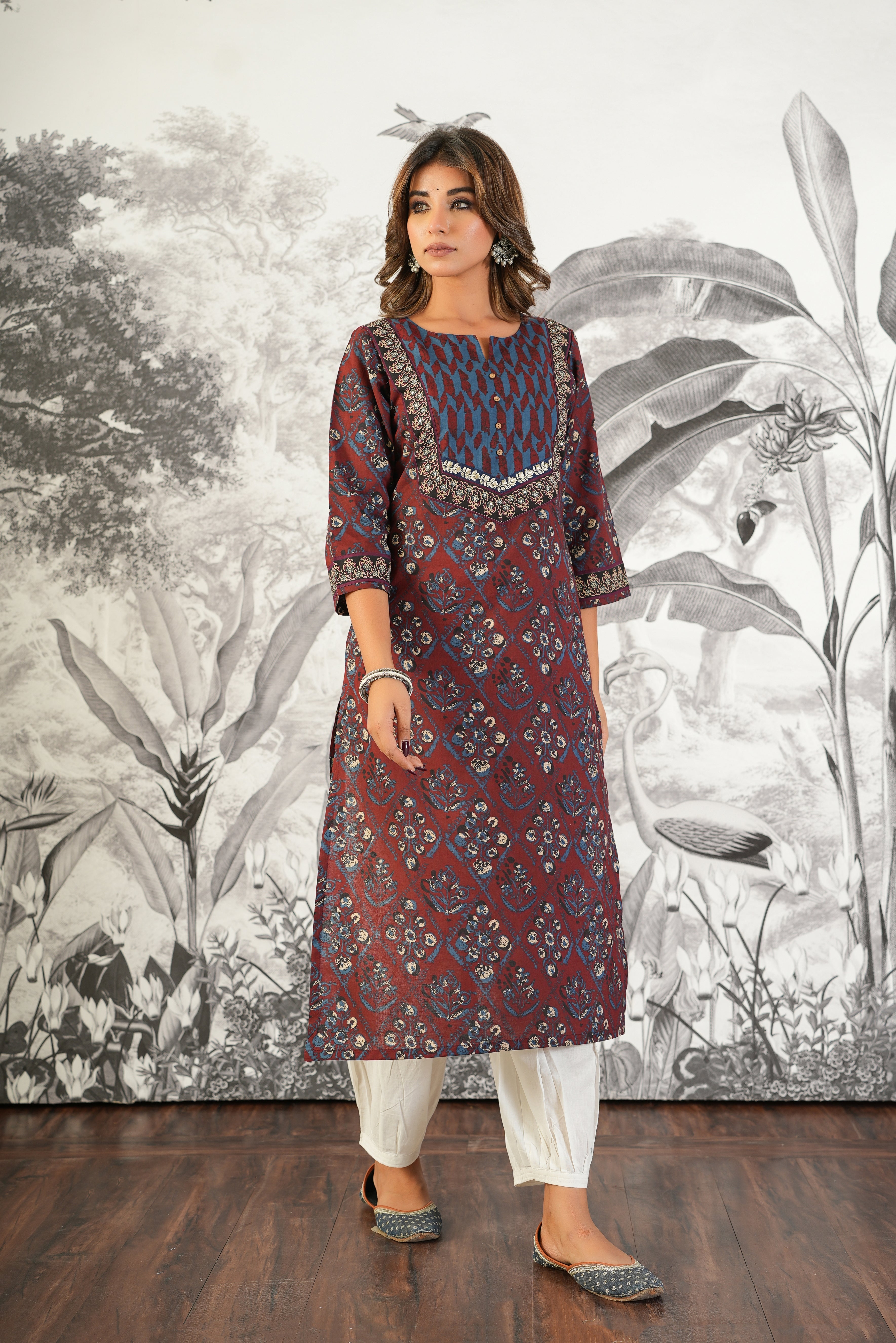 Maroon Motif Printed Cotton Kurta