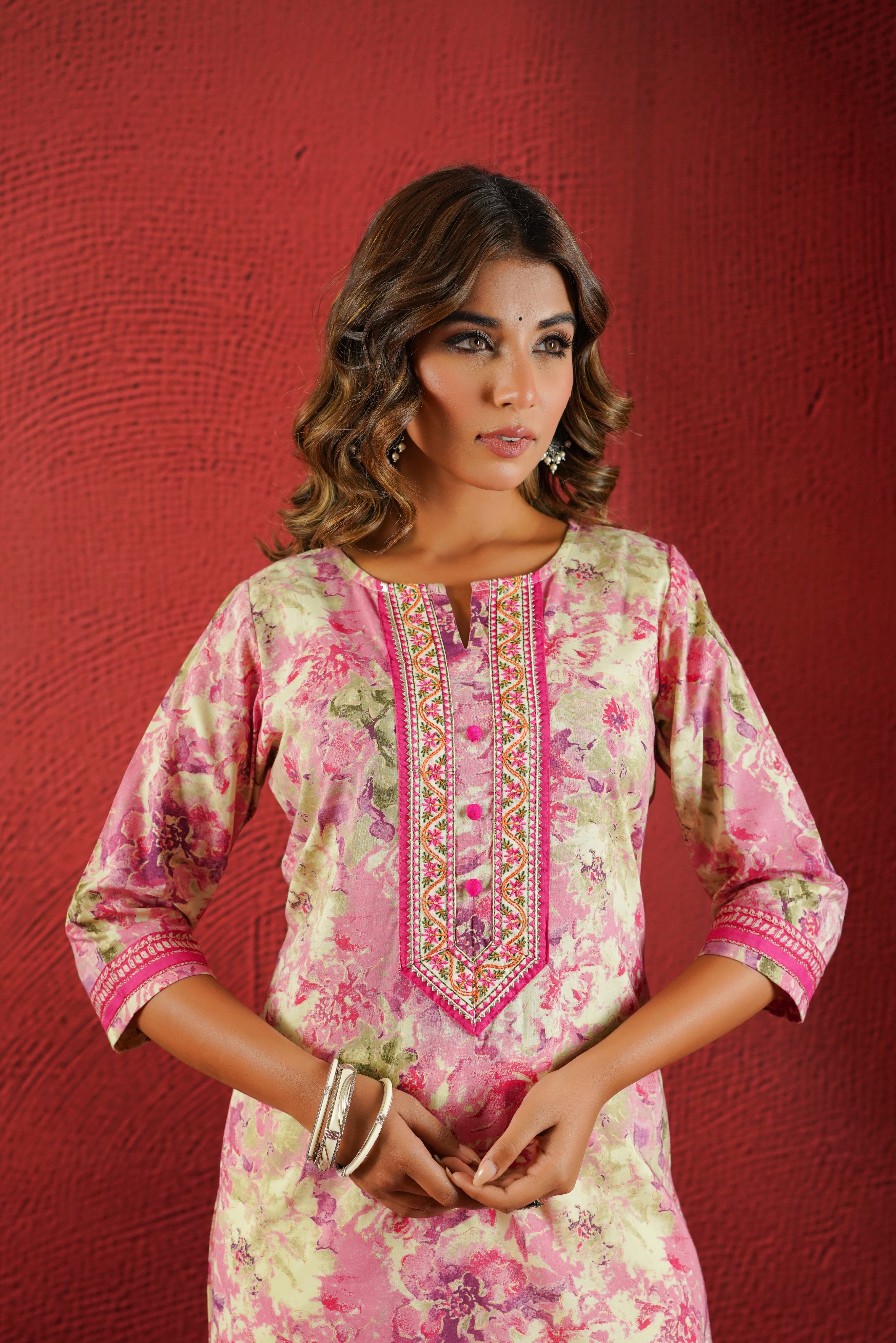 Pink Floral Printed Cotton Kurta