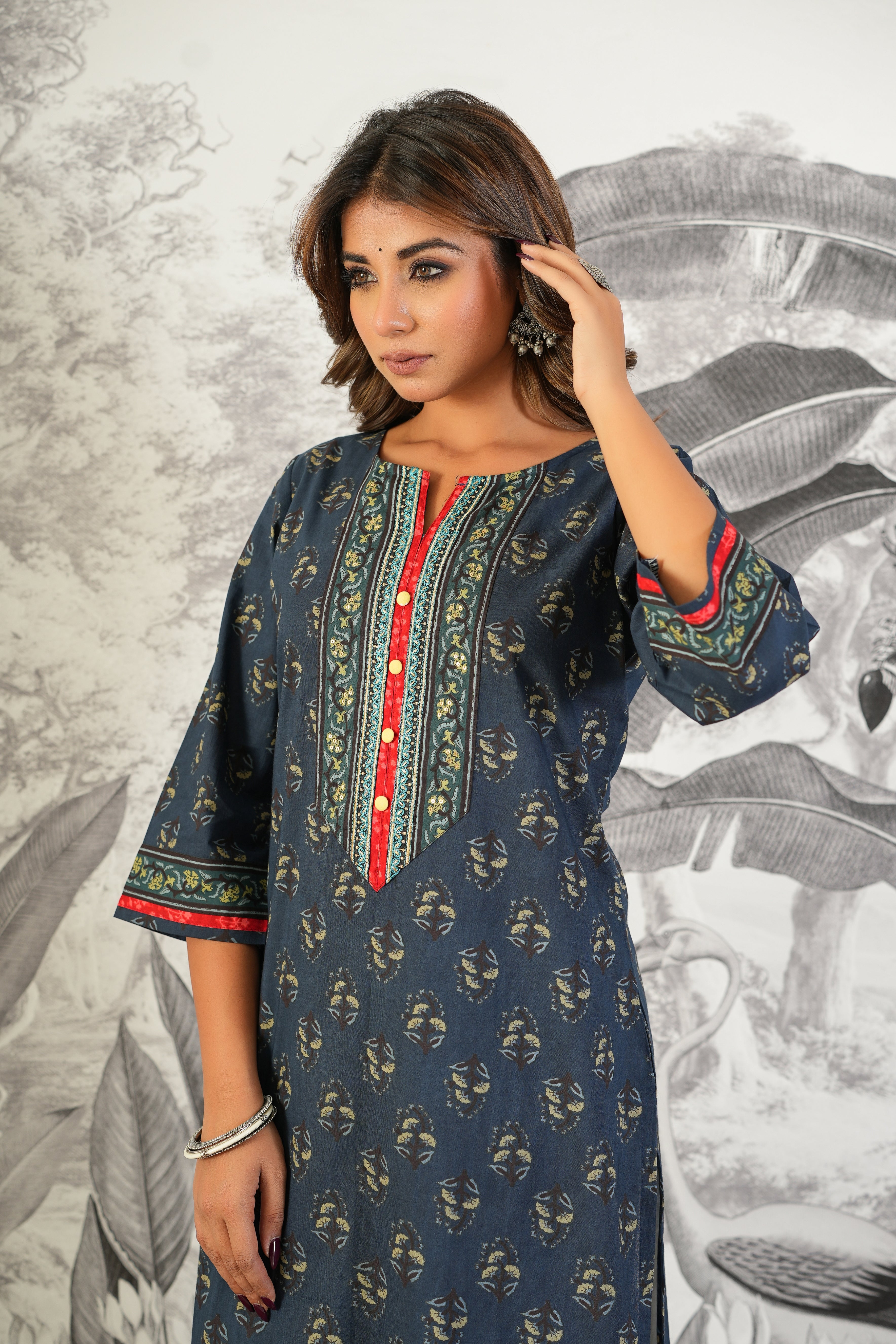 Blue Motif Printed Cotton Kurta