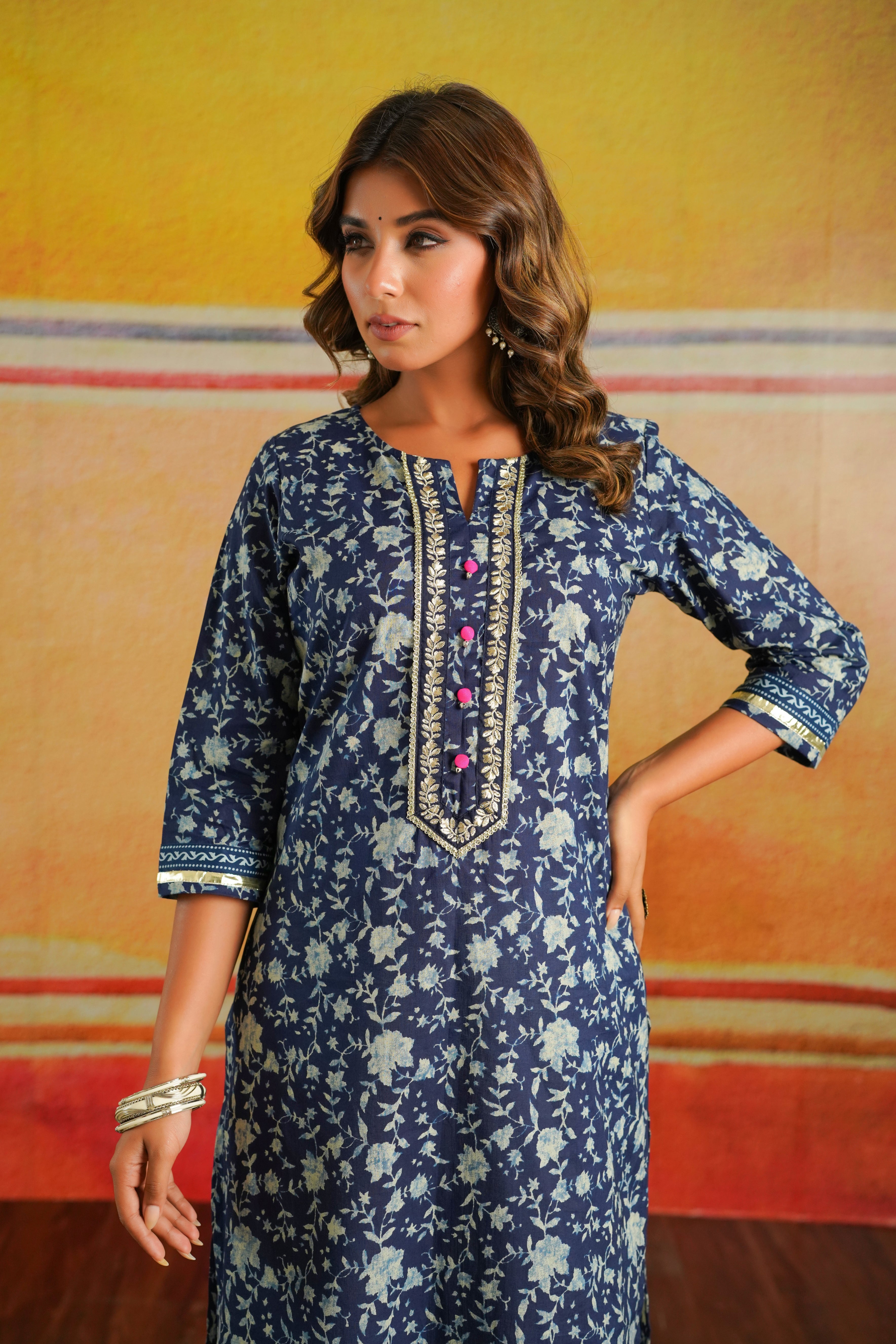 Indigo Floral Printed Cotton Kurta
