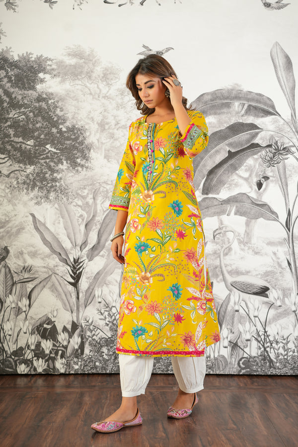 Mustard Floral Printed Cotton Kurta