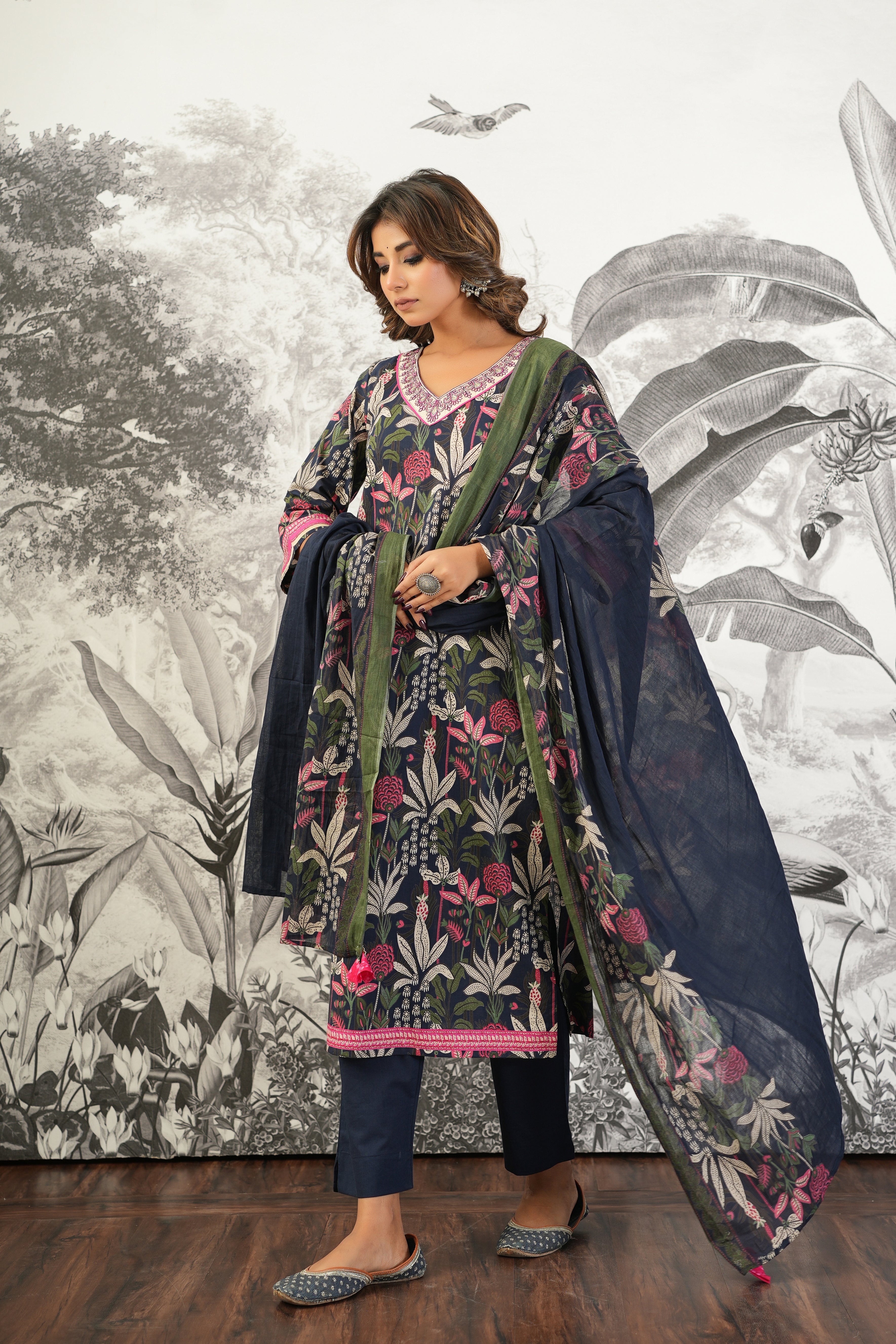 Blue Floral Printed Cotton Suit Set