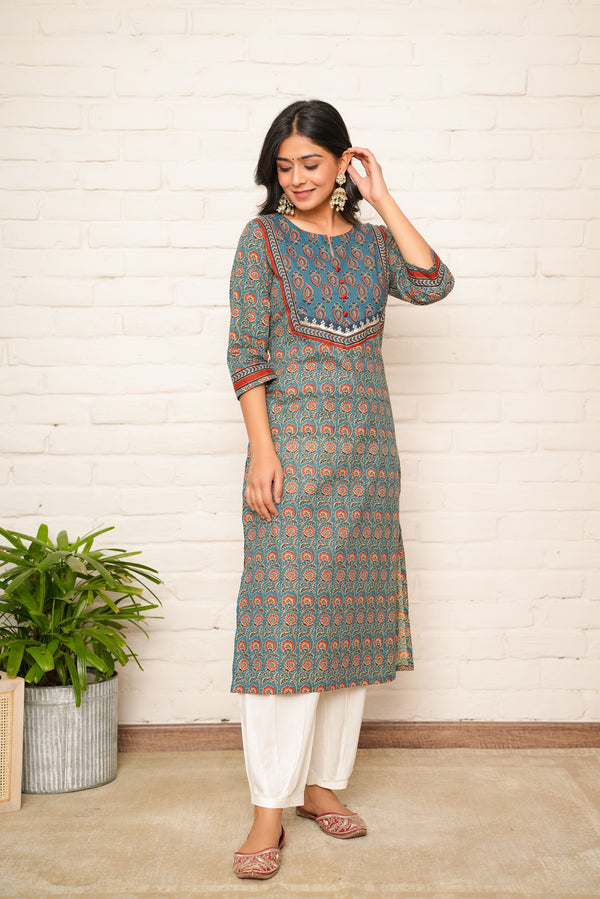 Blue Floral Printed Cotton Kurta