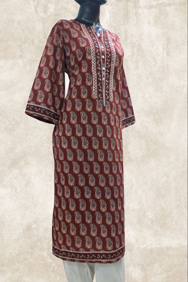 Maroon Floral Printed Cotton Kurta