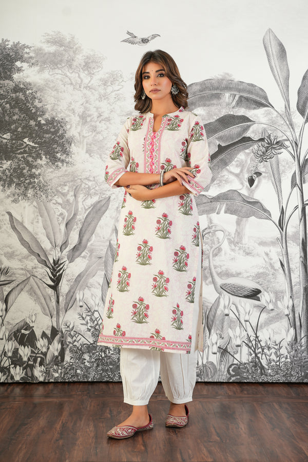 Off-White Floral Cotton Kurta