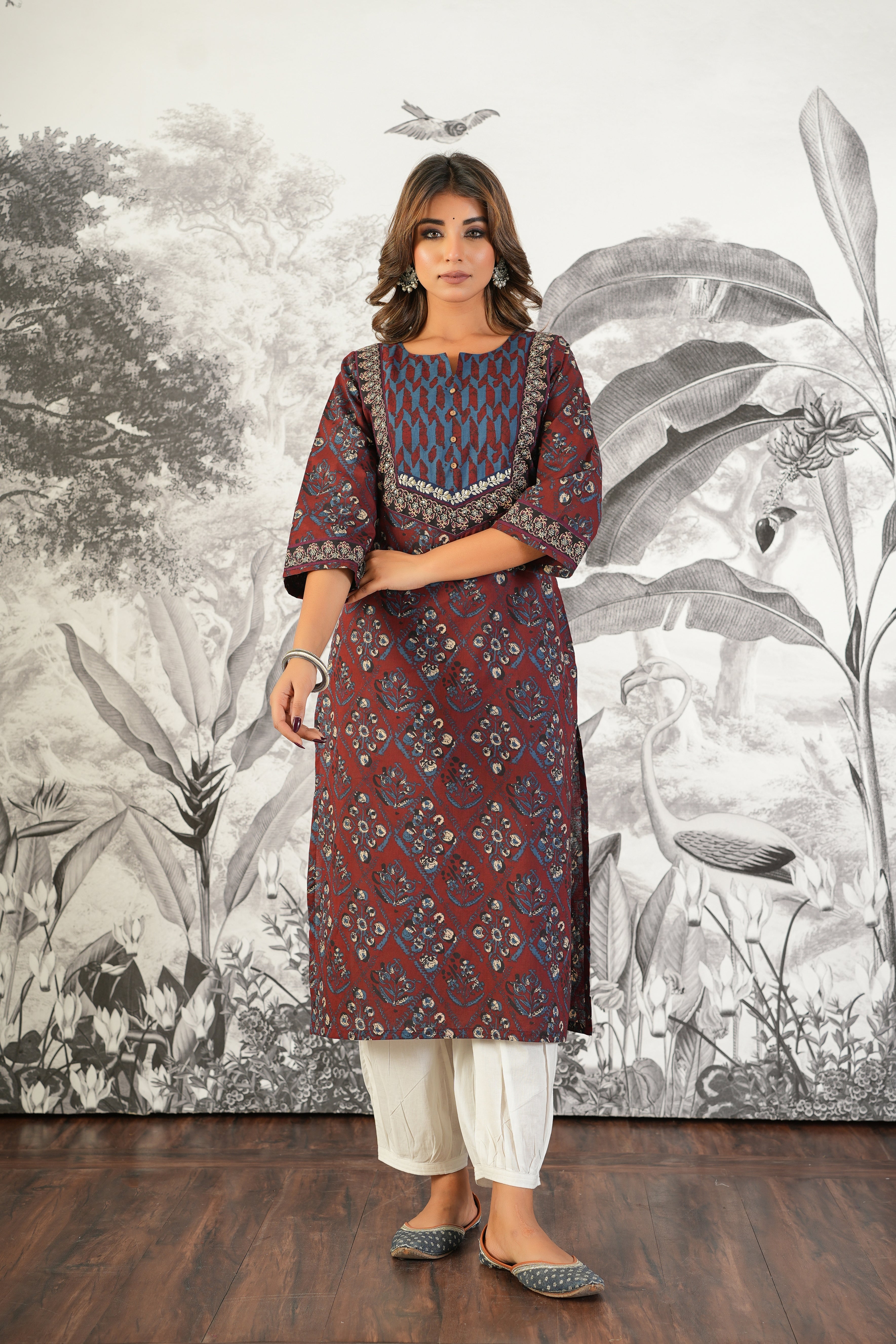 Maroon Motif Printed Cotton Kurta