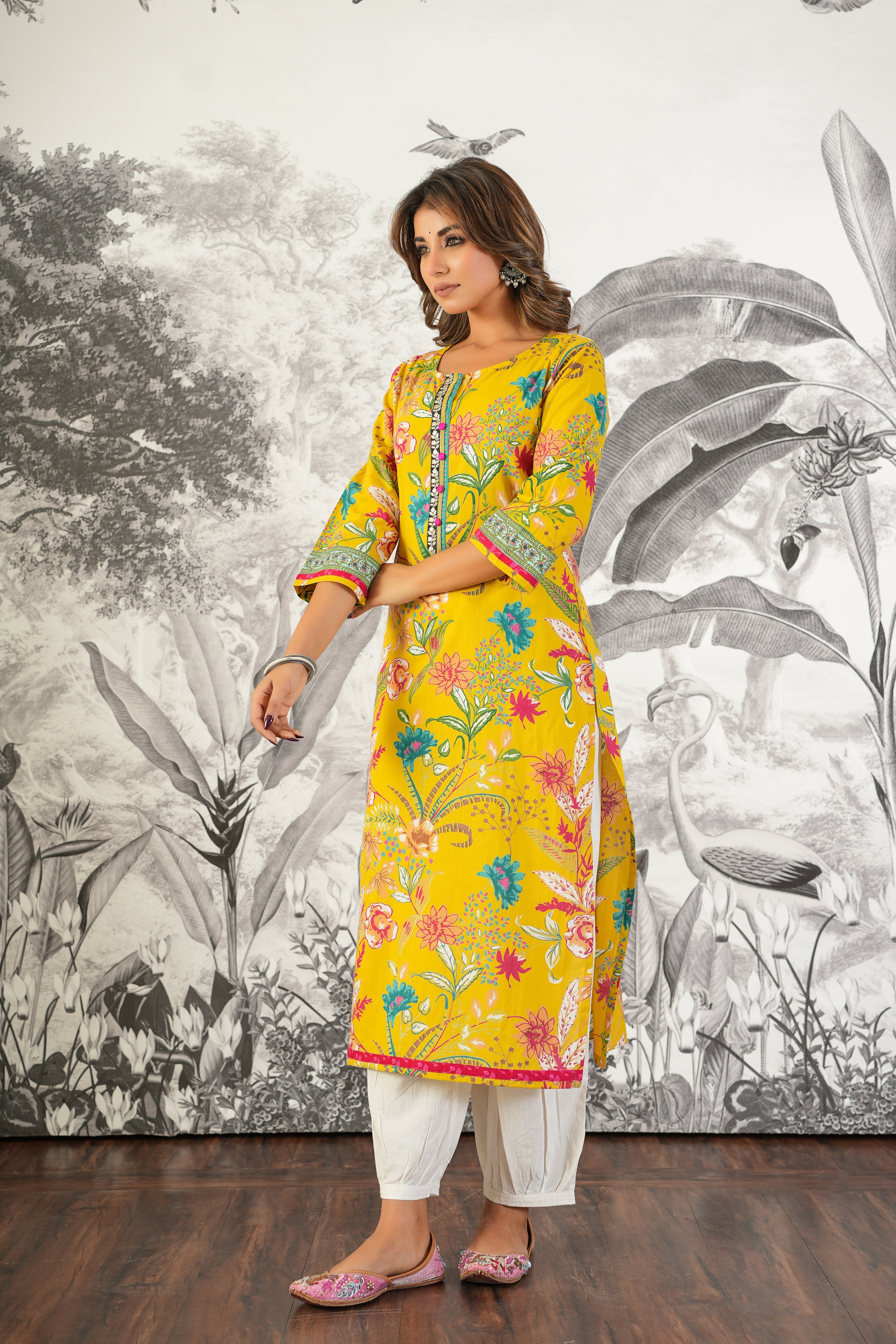 Mustard Floral Printed Cotton Kurta