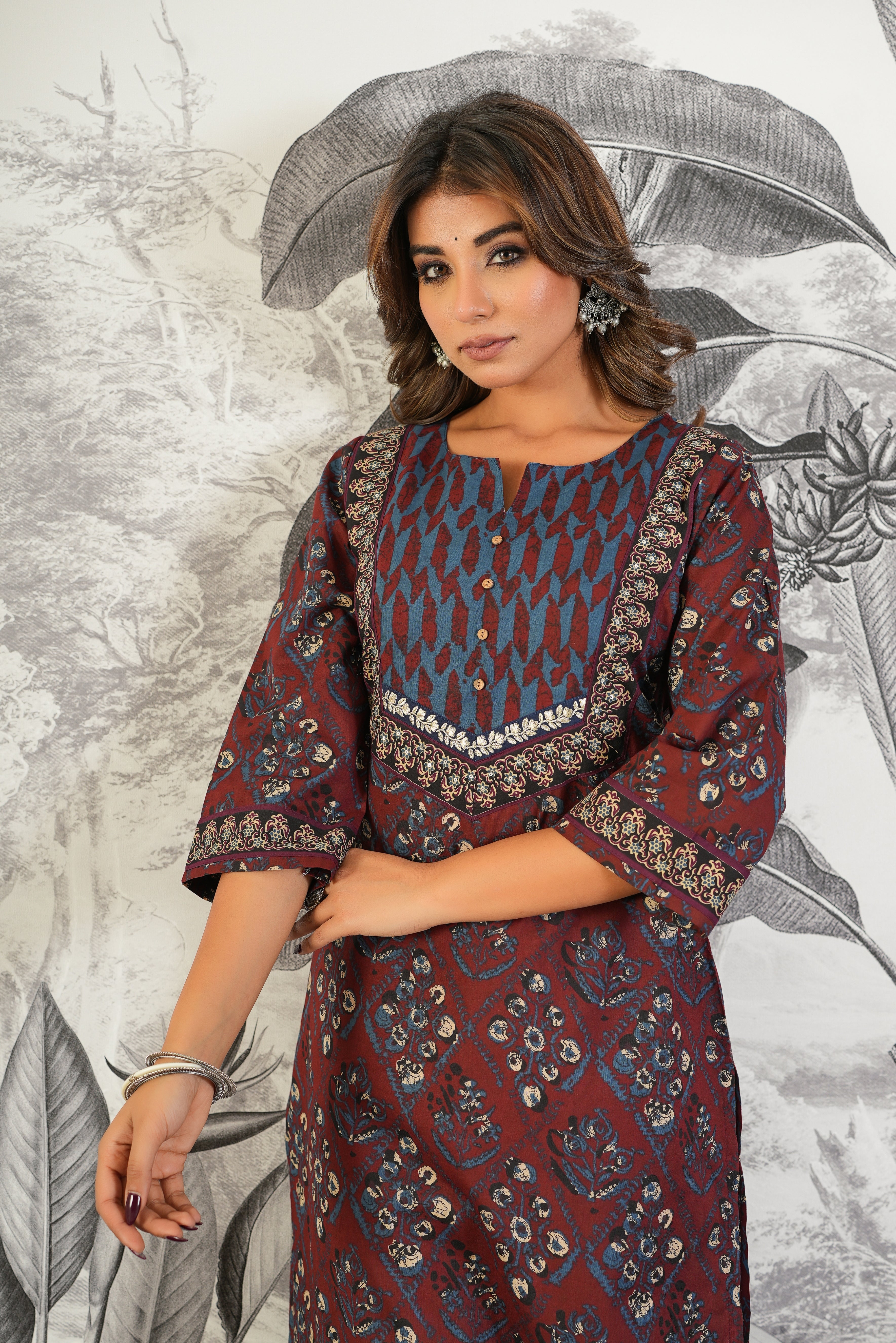 Maroon Motif Printed Cotton Kurta