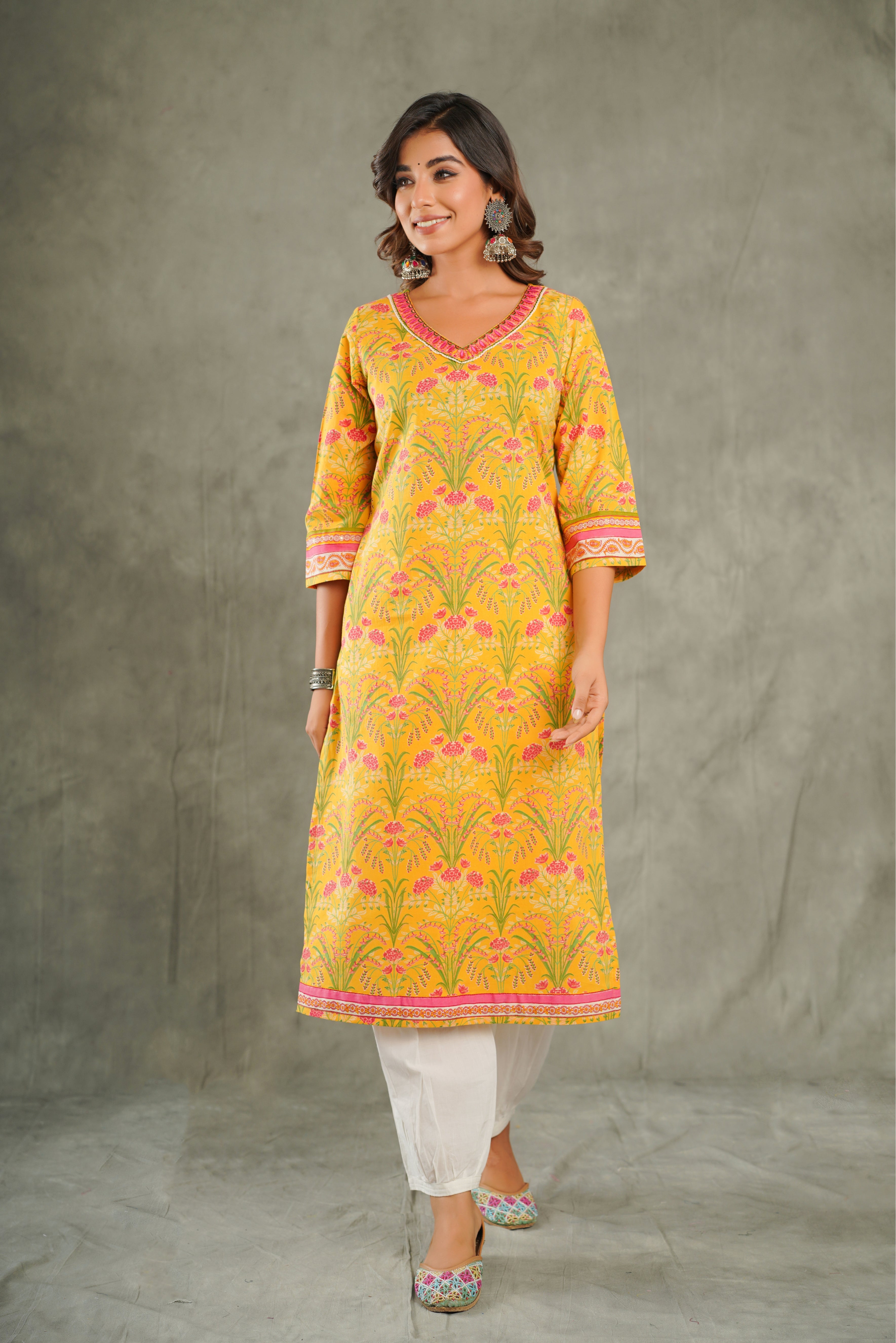 Mustard Embroidered Floral Printed Cotton Kurta