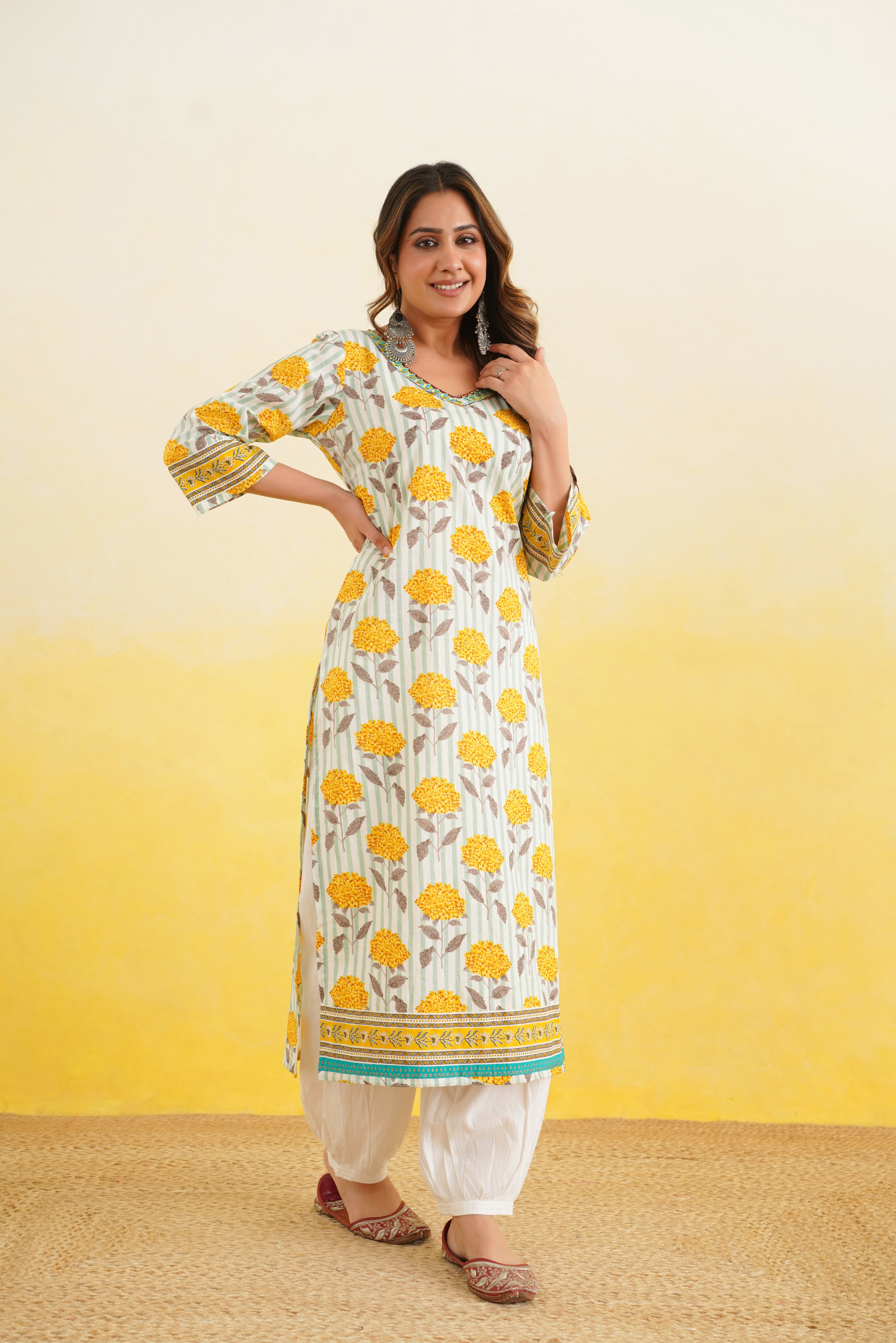 Yellow Floral Printed Cotton Kurta