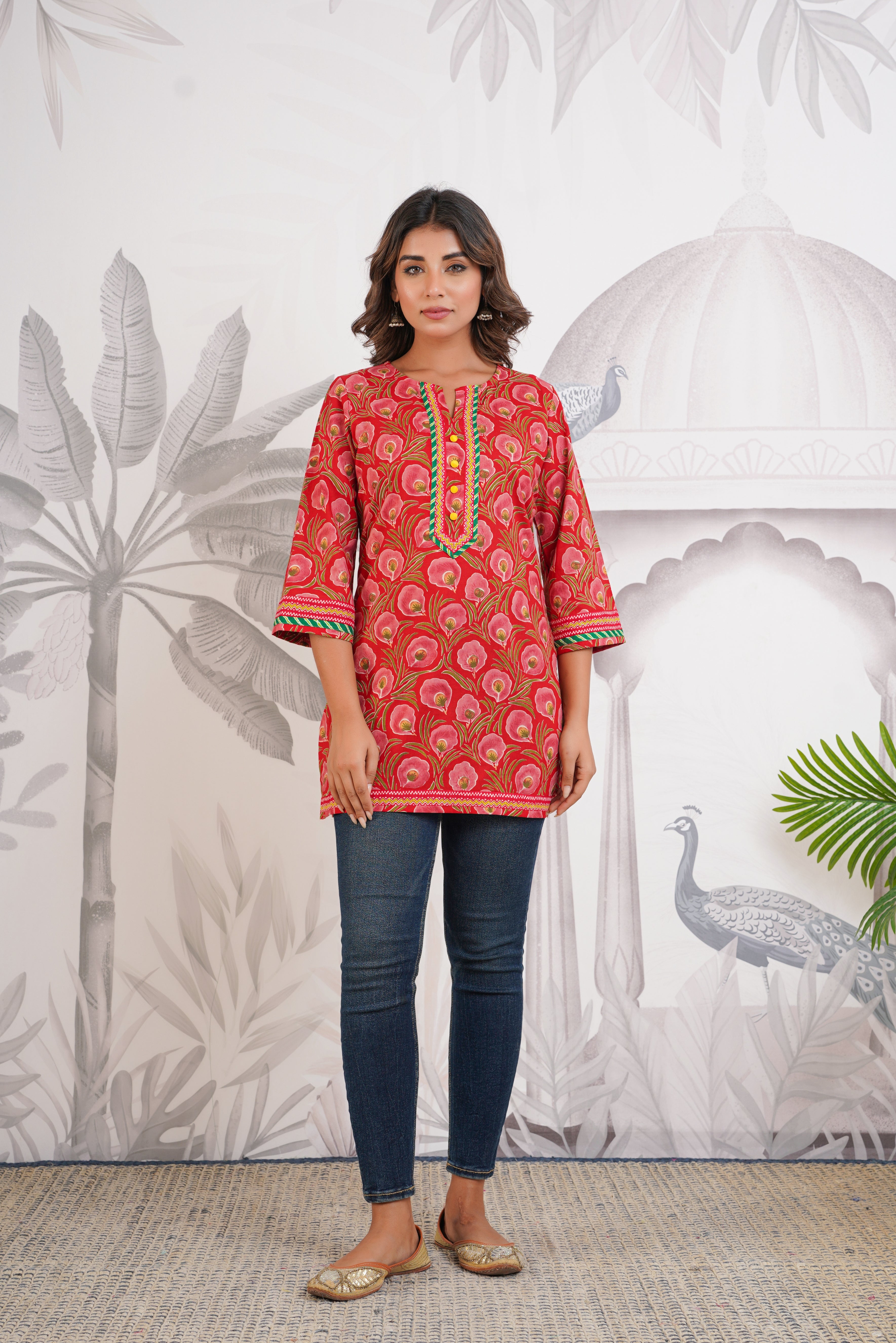 Red Floral Printed Cotton Kurti