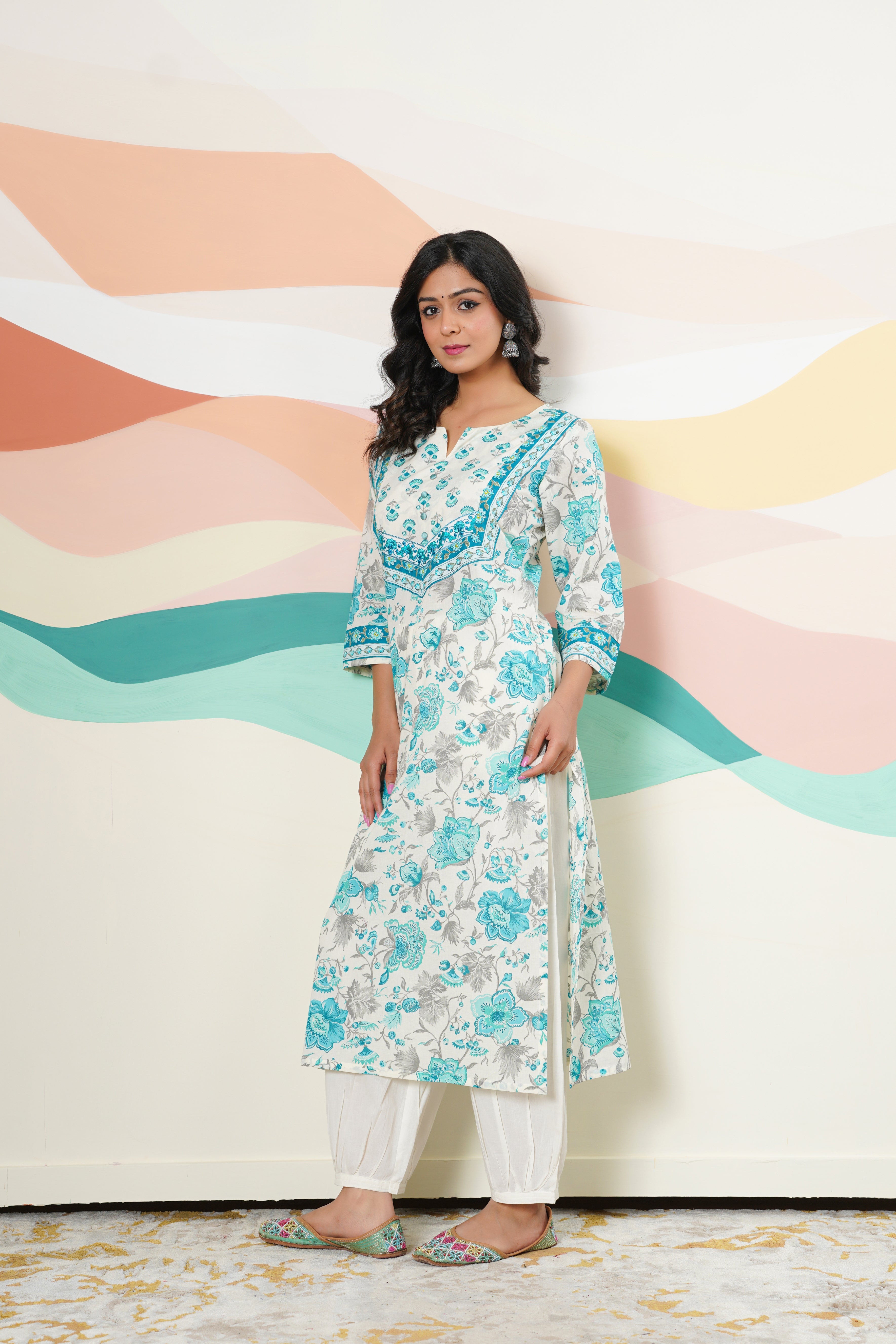 Turquoise Floral Printed Cotton Kurta