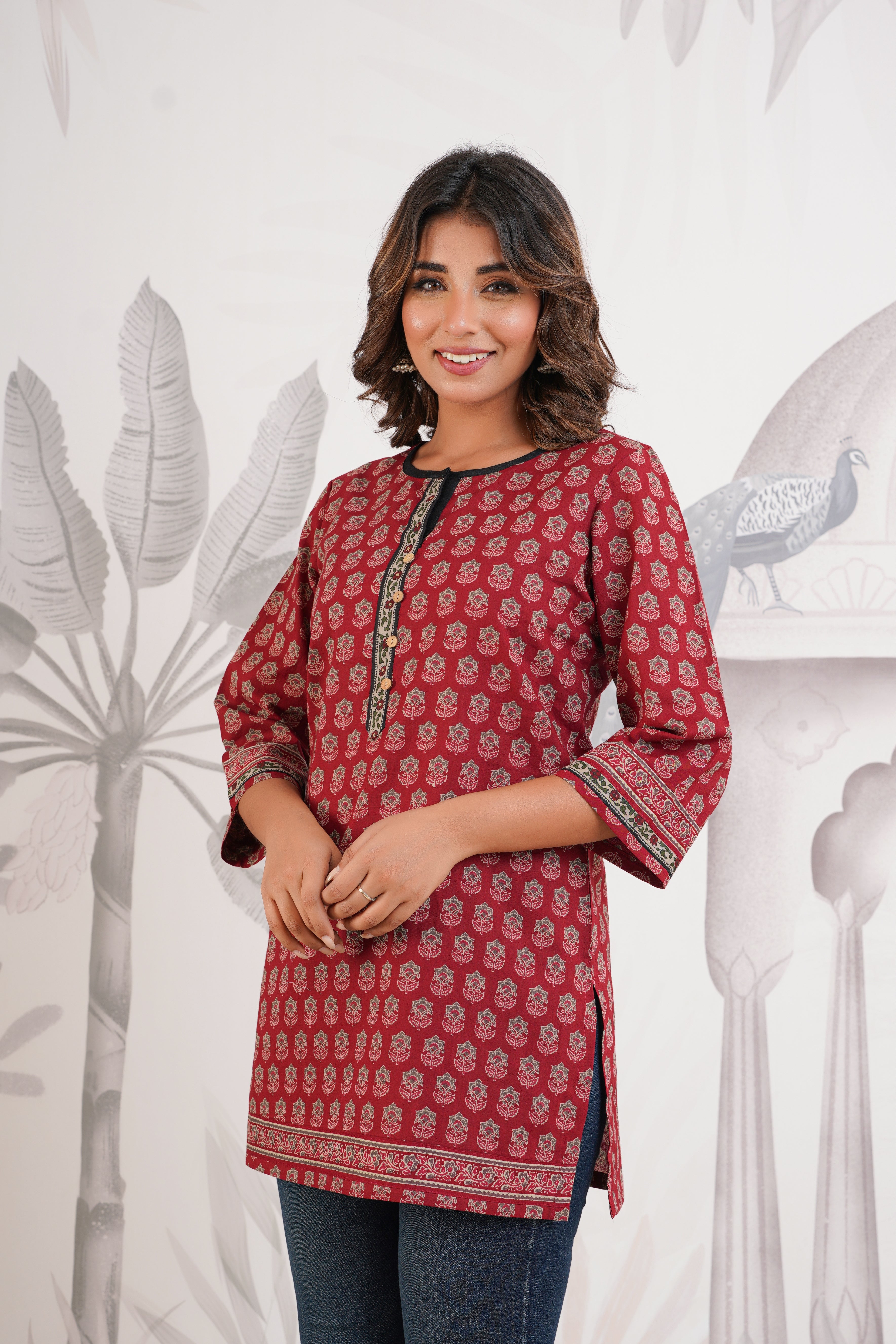 Maroon Motif Printed Cotton Kurti