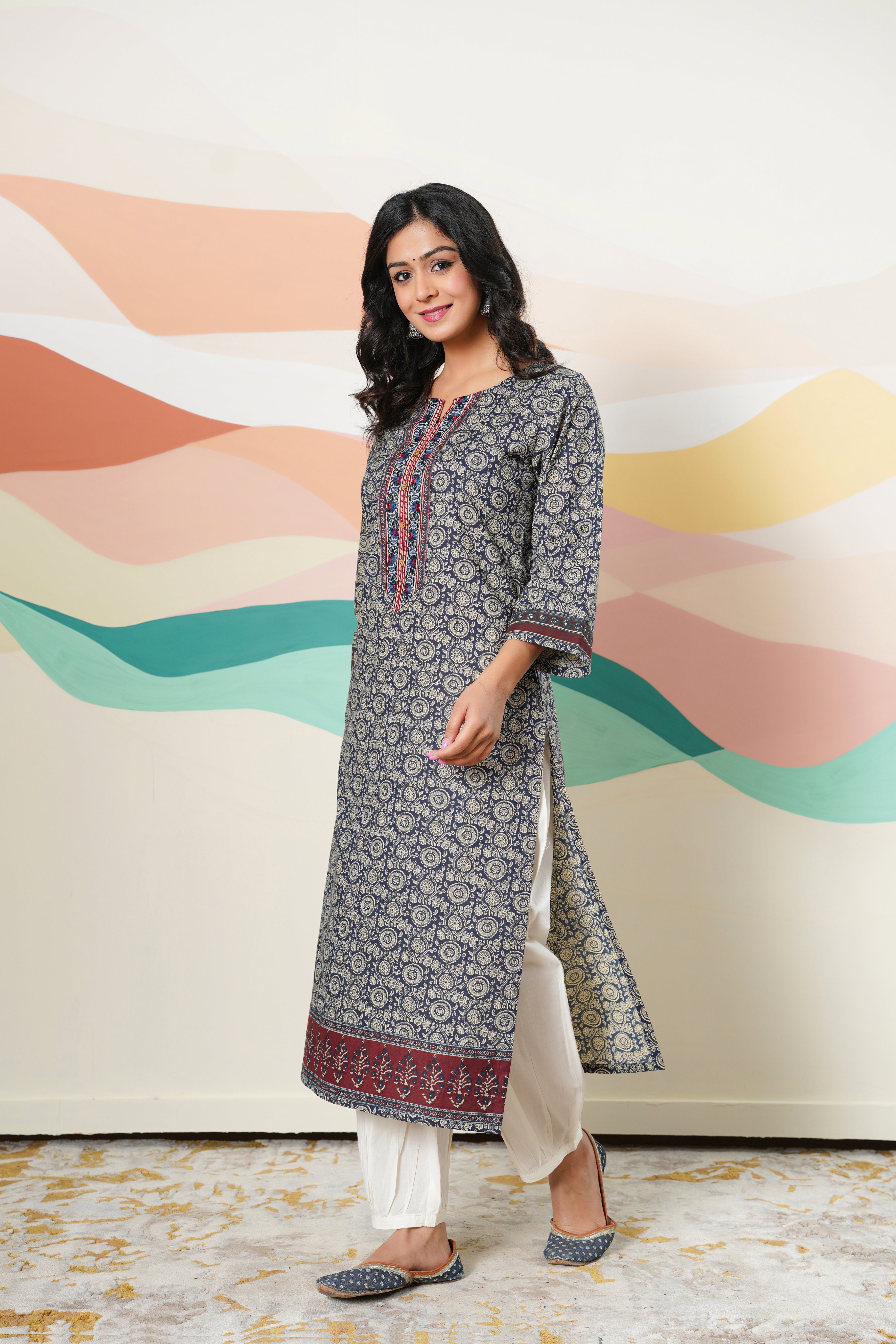 Blue Motif Printed Cotton Kurta