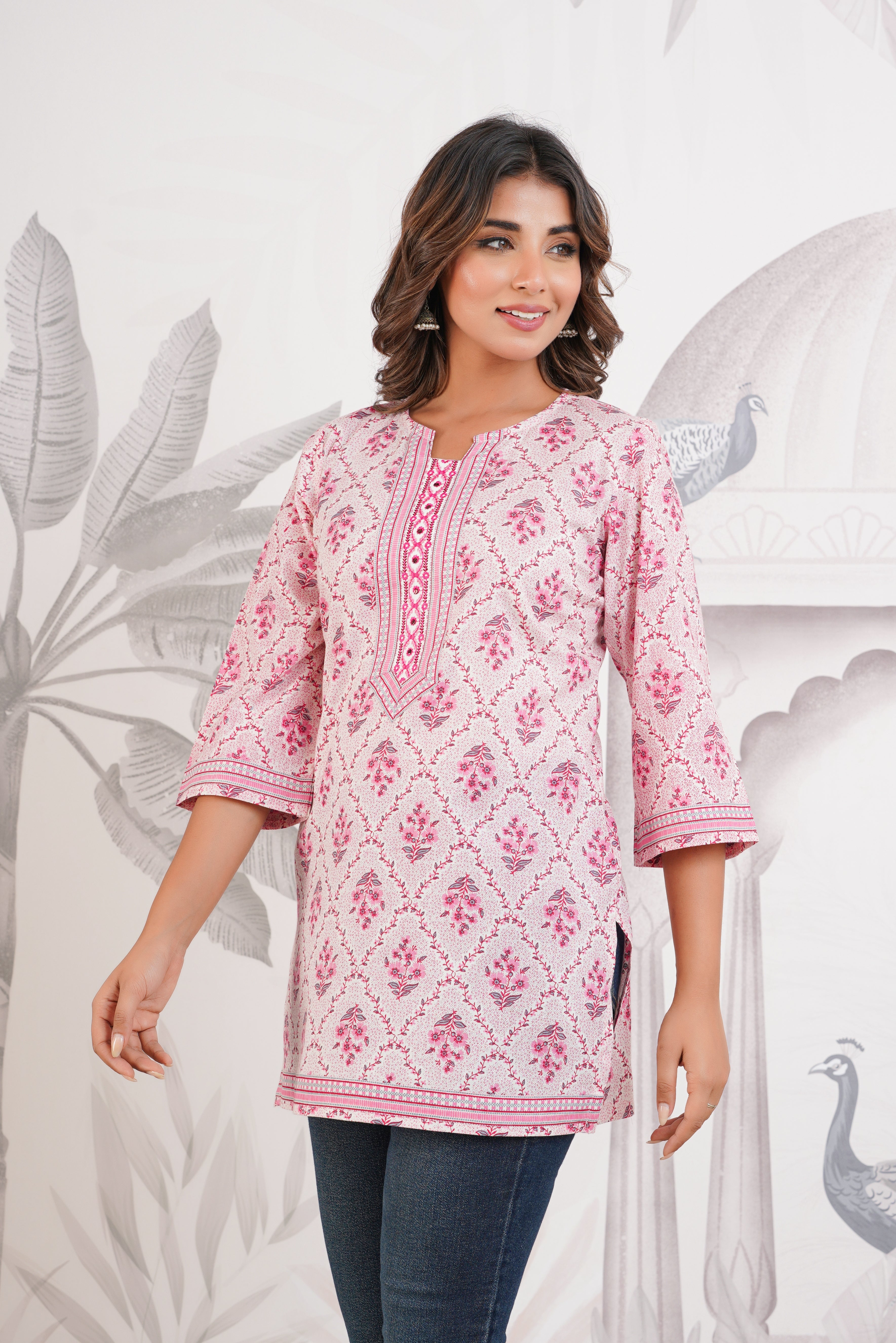 Pink Floral Printed Cotton Kurti