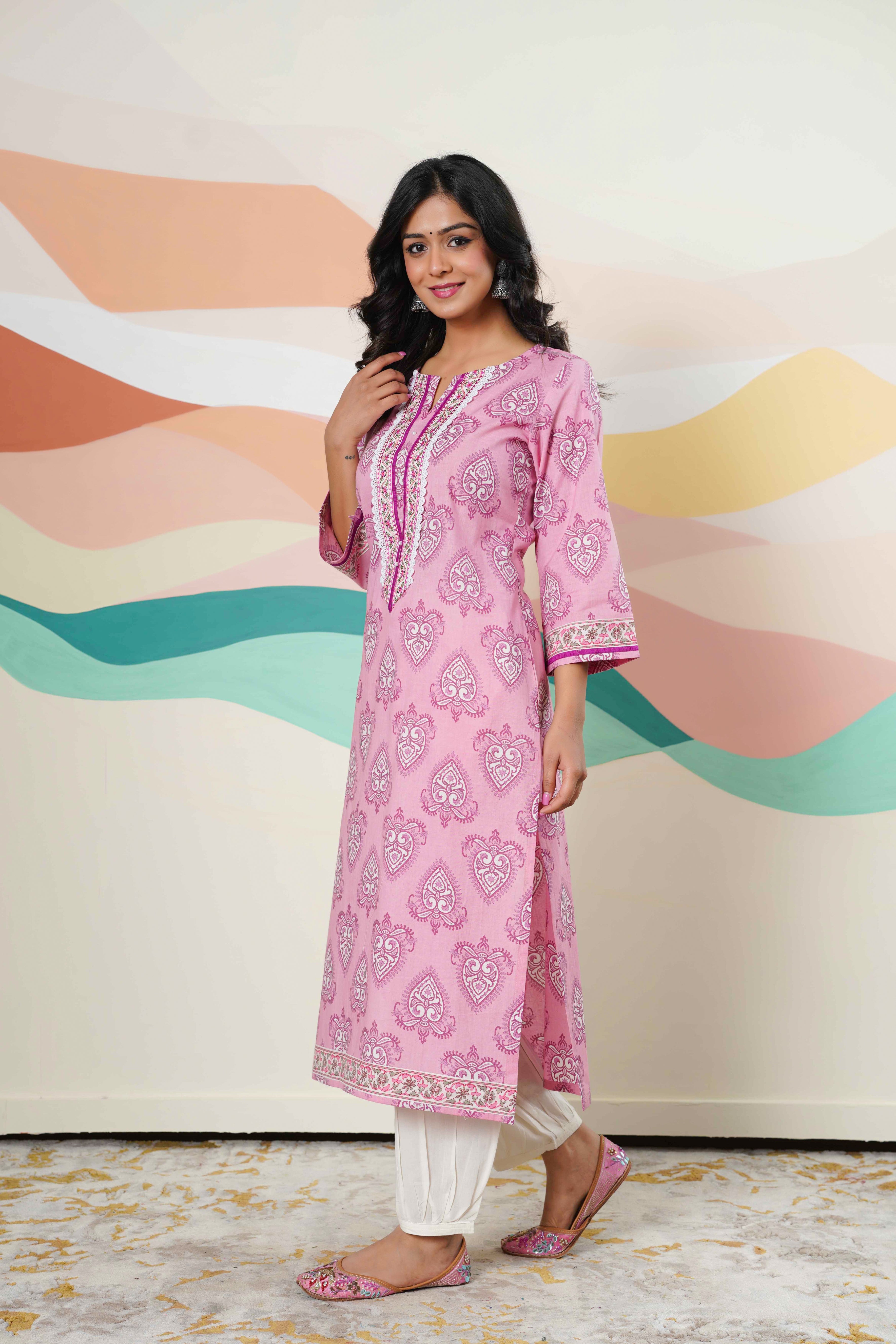 Pink Motif Printed Cotton Kurta