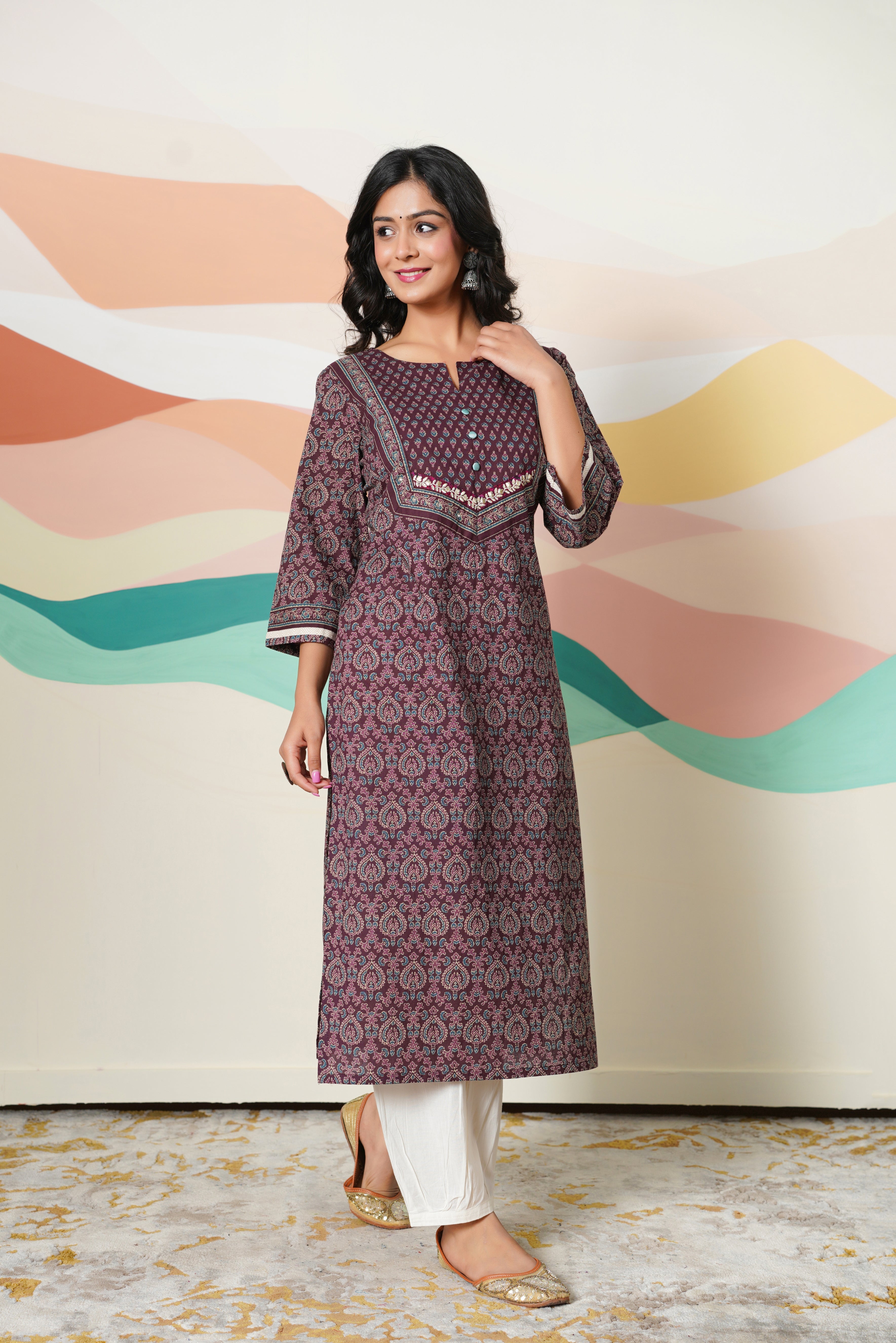 Wine Motif Printed Cotton Kurta