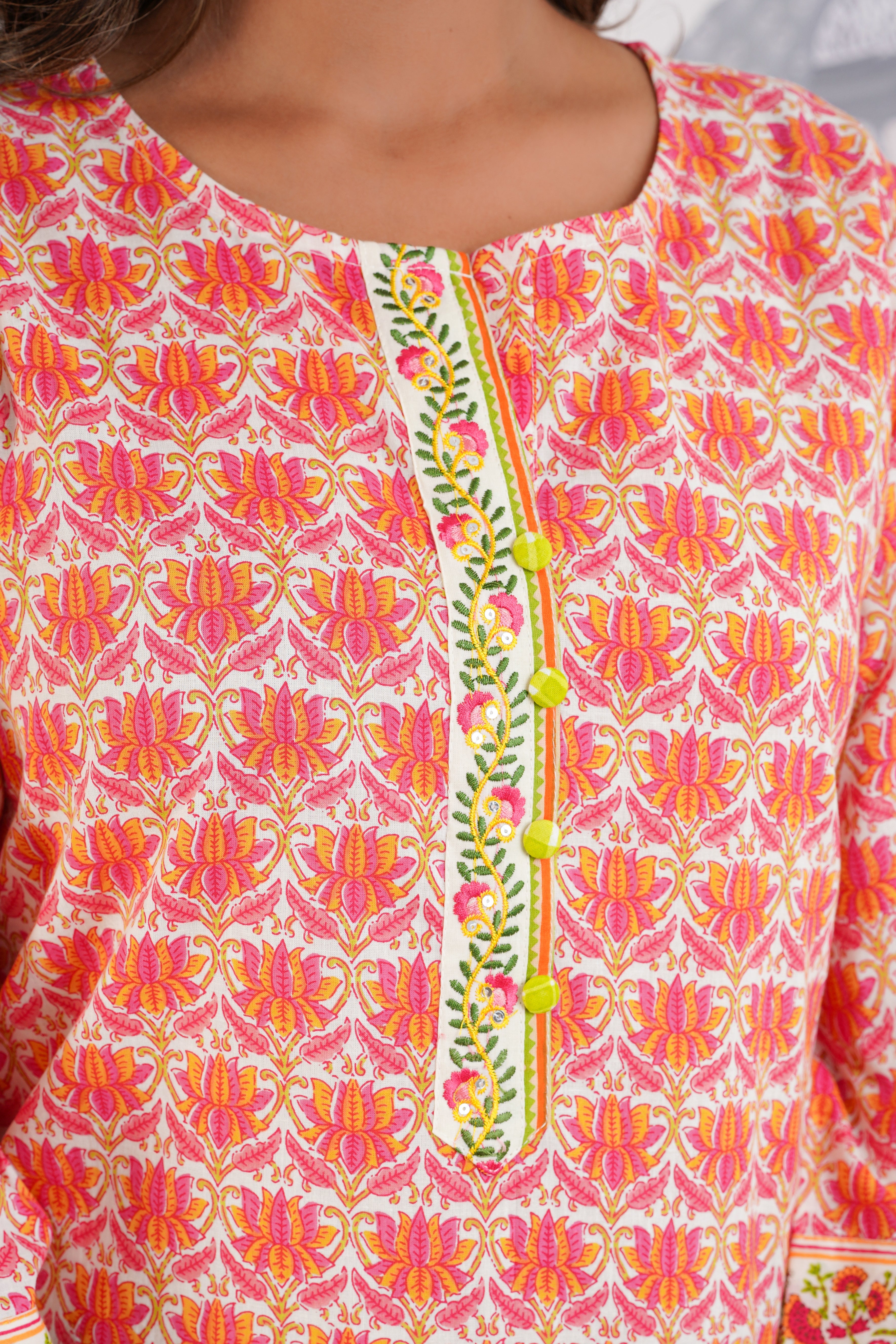 Orange Floral Printed Cotton Kurti