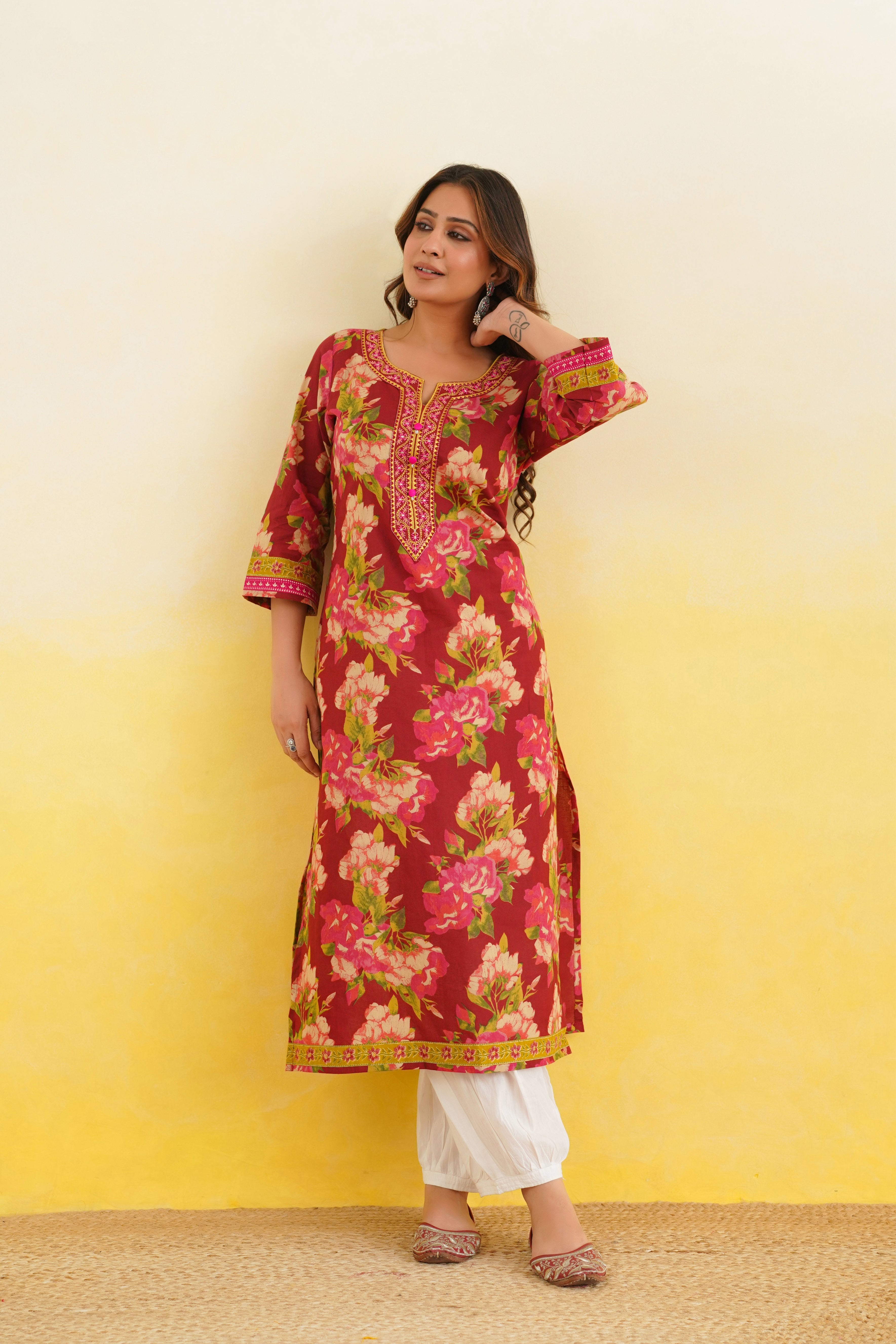 Maroon Floral Printed Cotton Kurta
