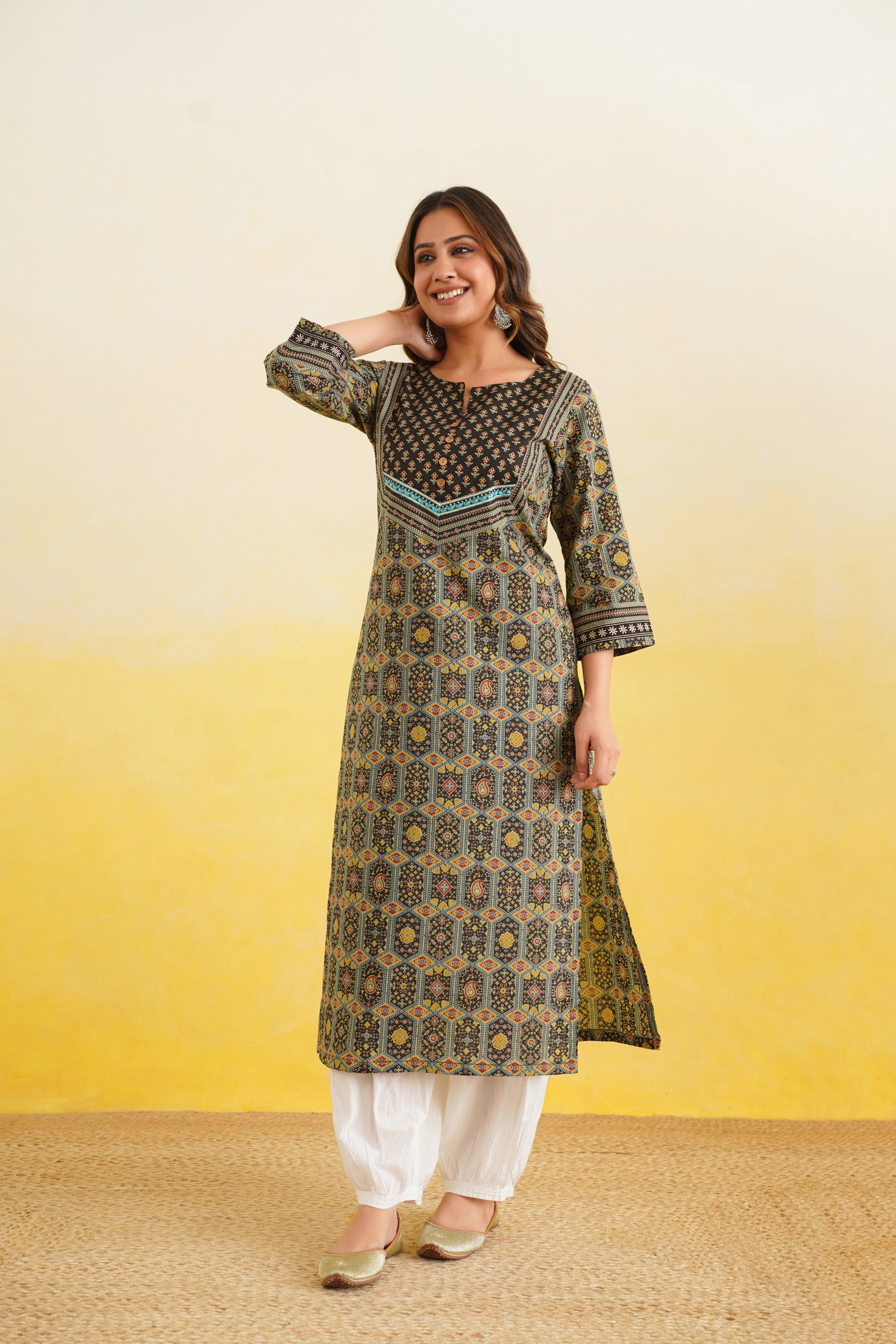 Black Geometric Printed Cotton Kurta