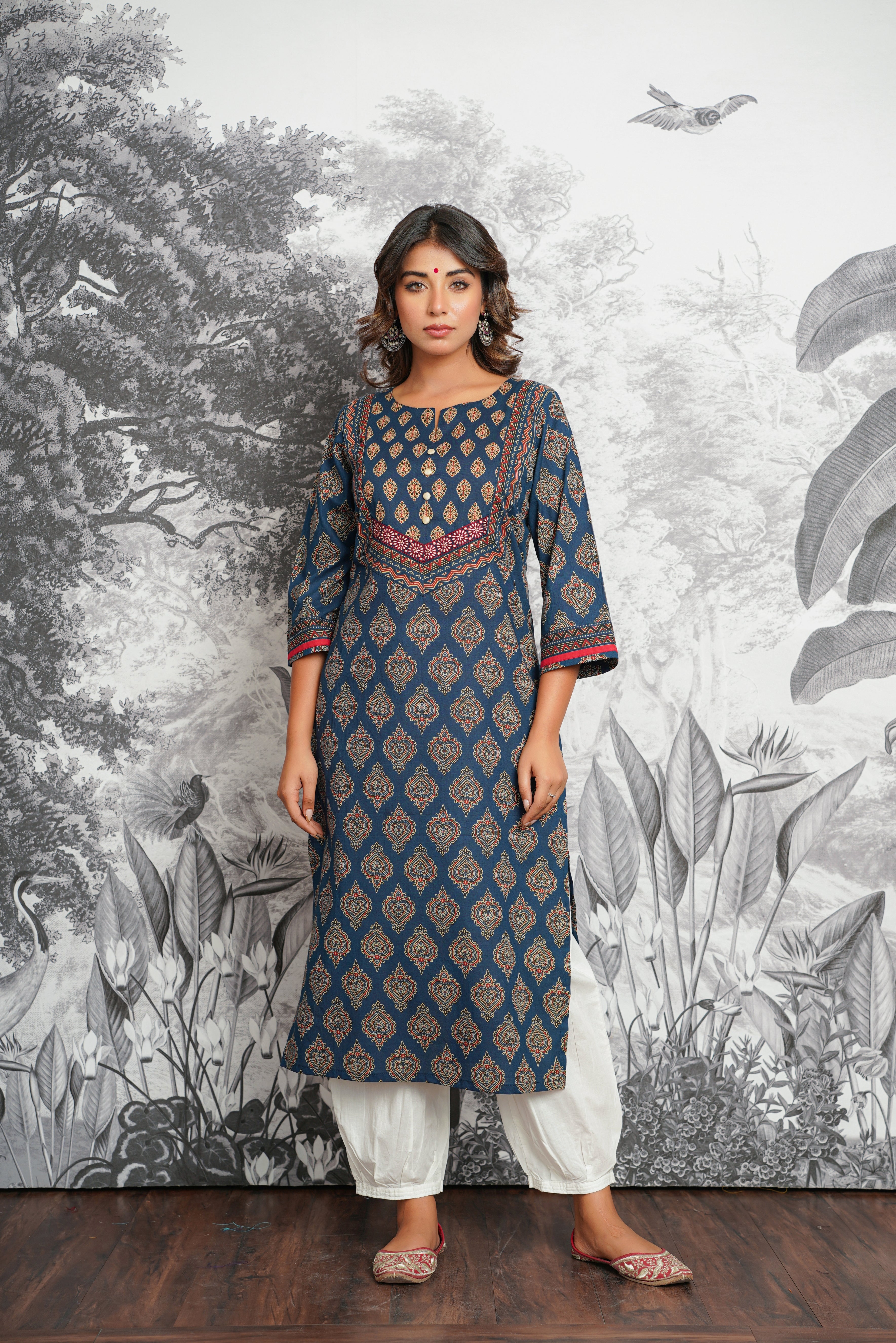 Blue Motif Printed Cotton Kurta