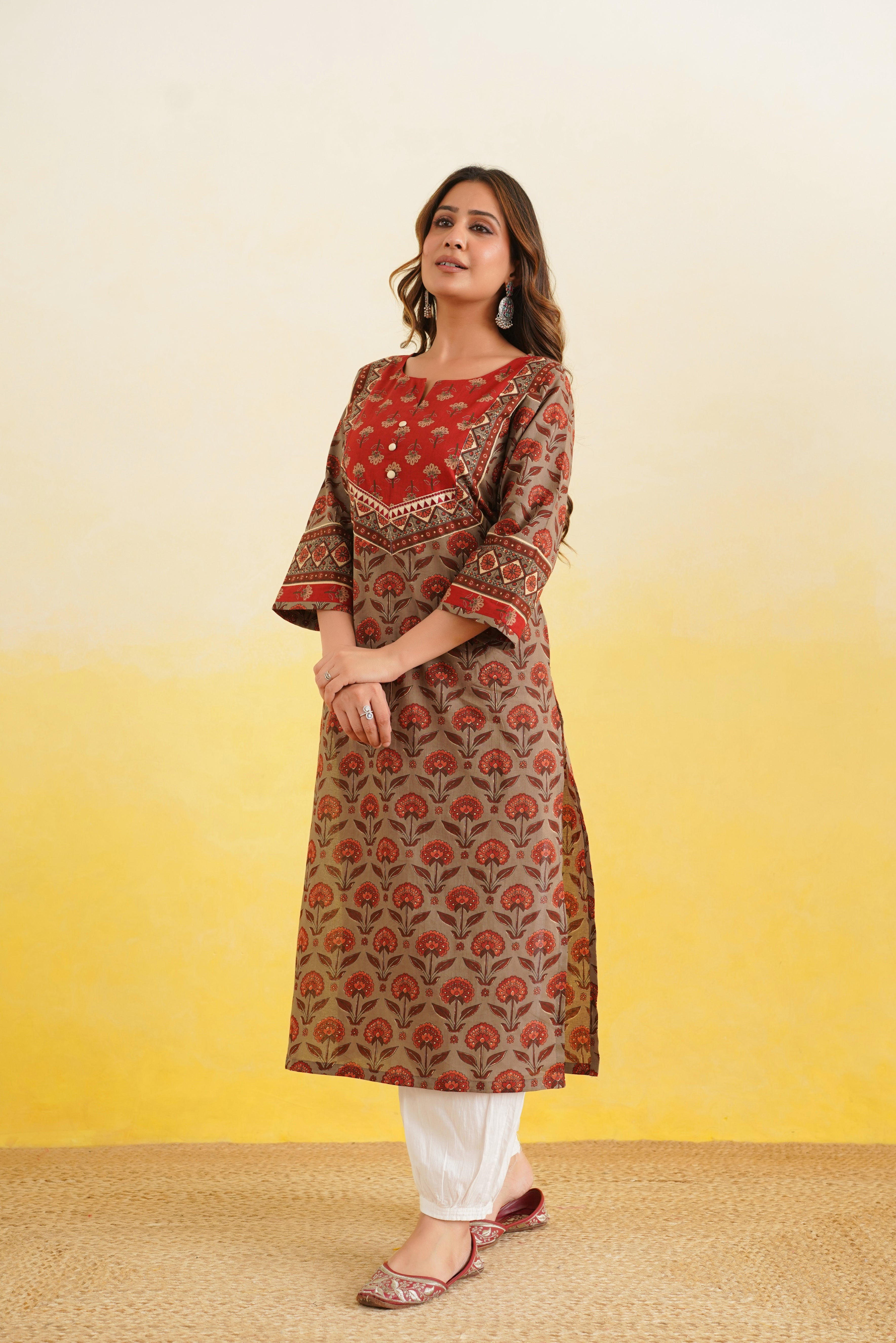 Coffee Floral Printed Cotton Kurta