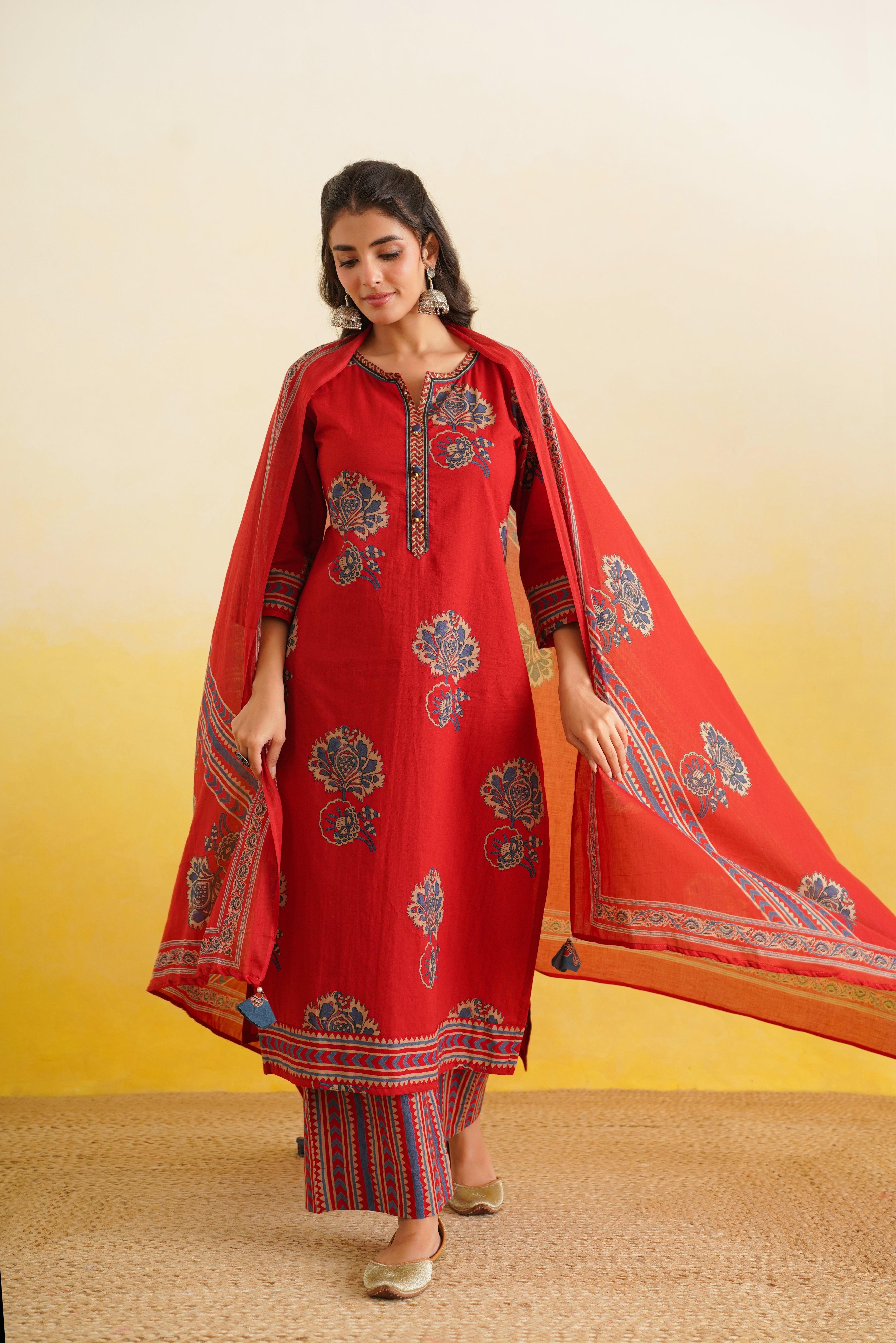 Maroon Motif Printed Cotton Suit Set