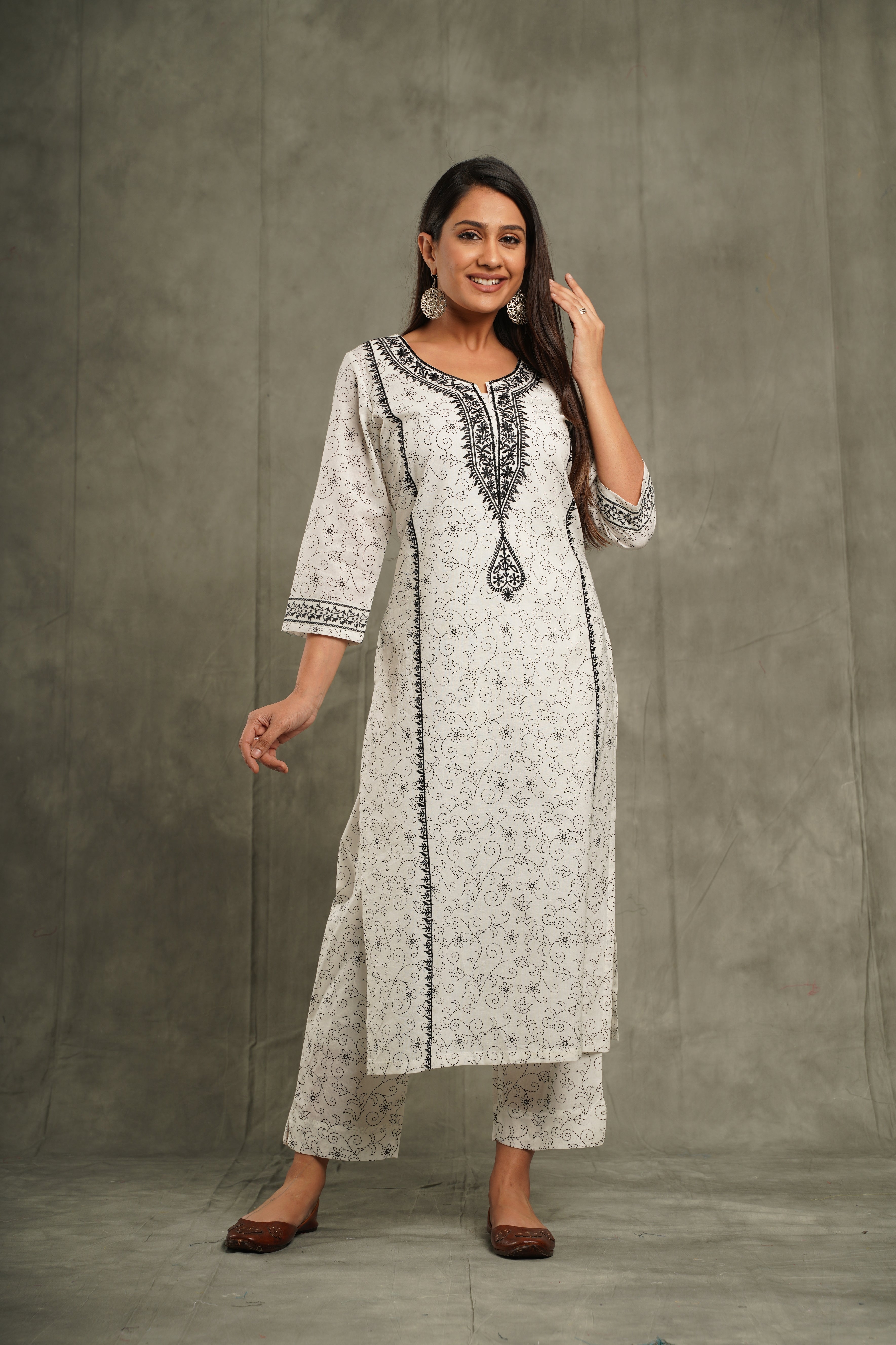 Black & White Embroidery Cotton Suit Set