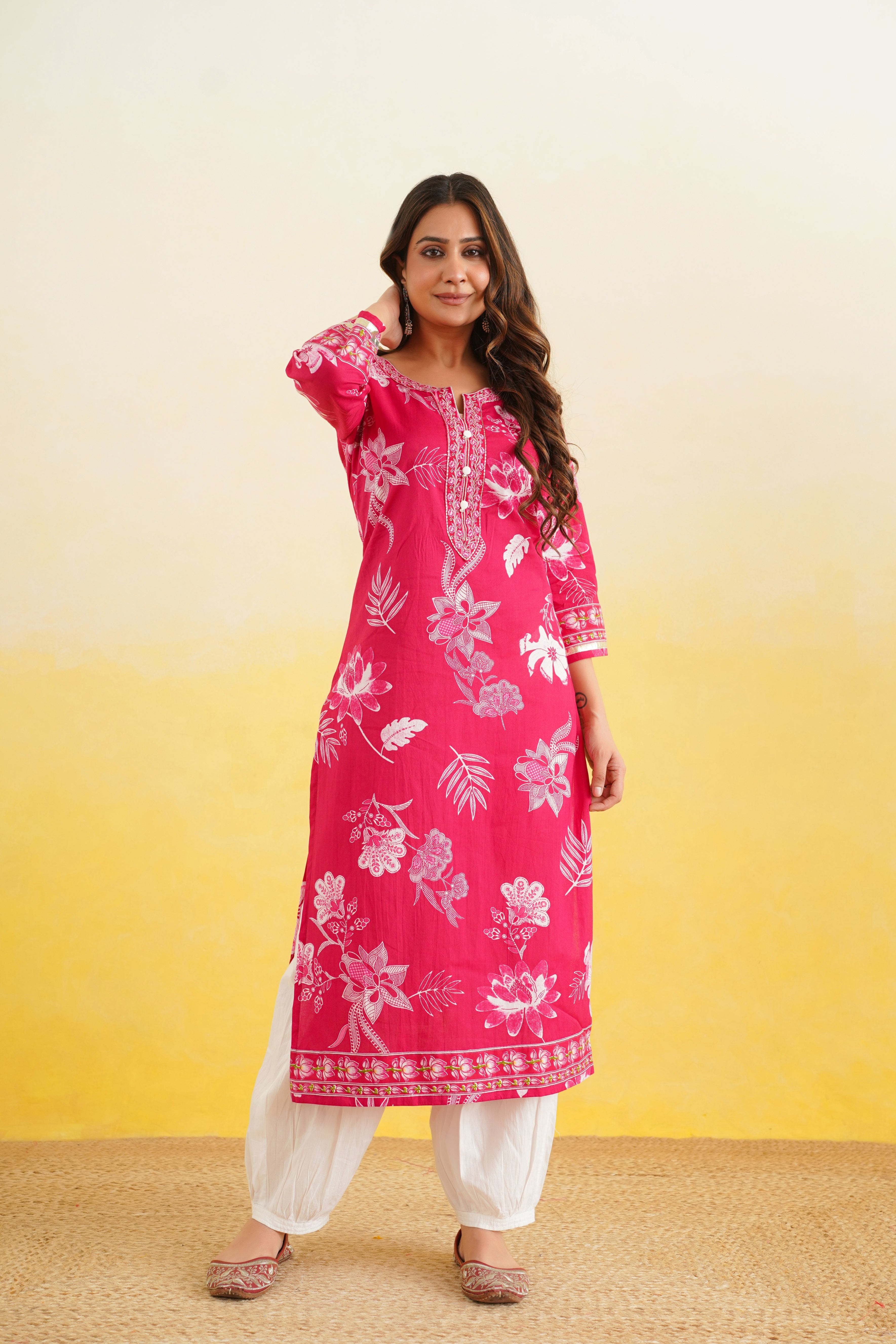 Pink Floral Printed Cotton Kurta