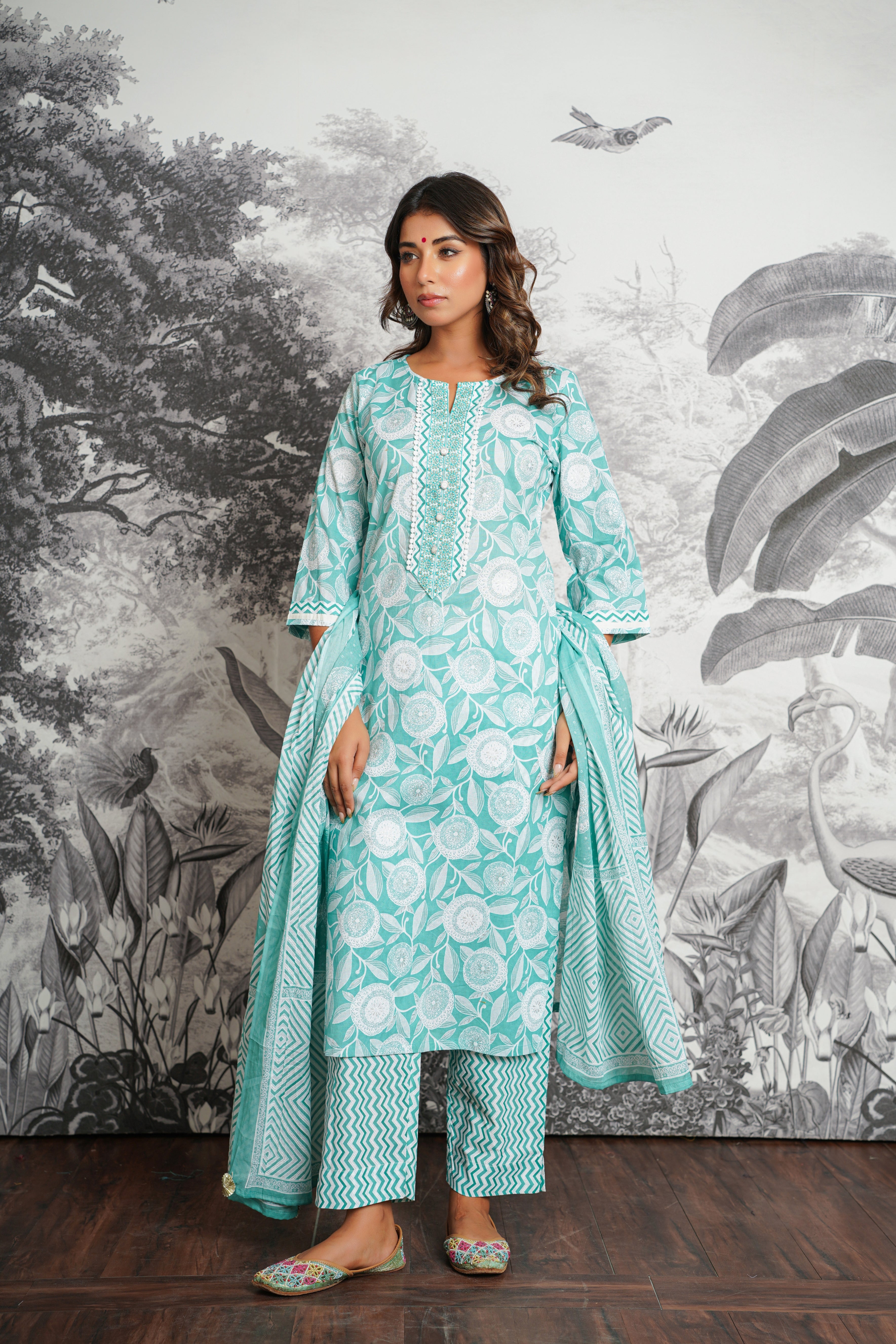 Turquoise Floral Printed Cotton Suit Set