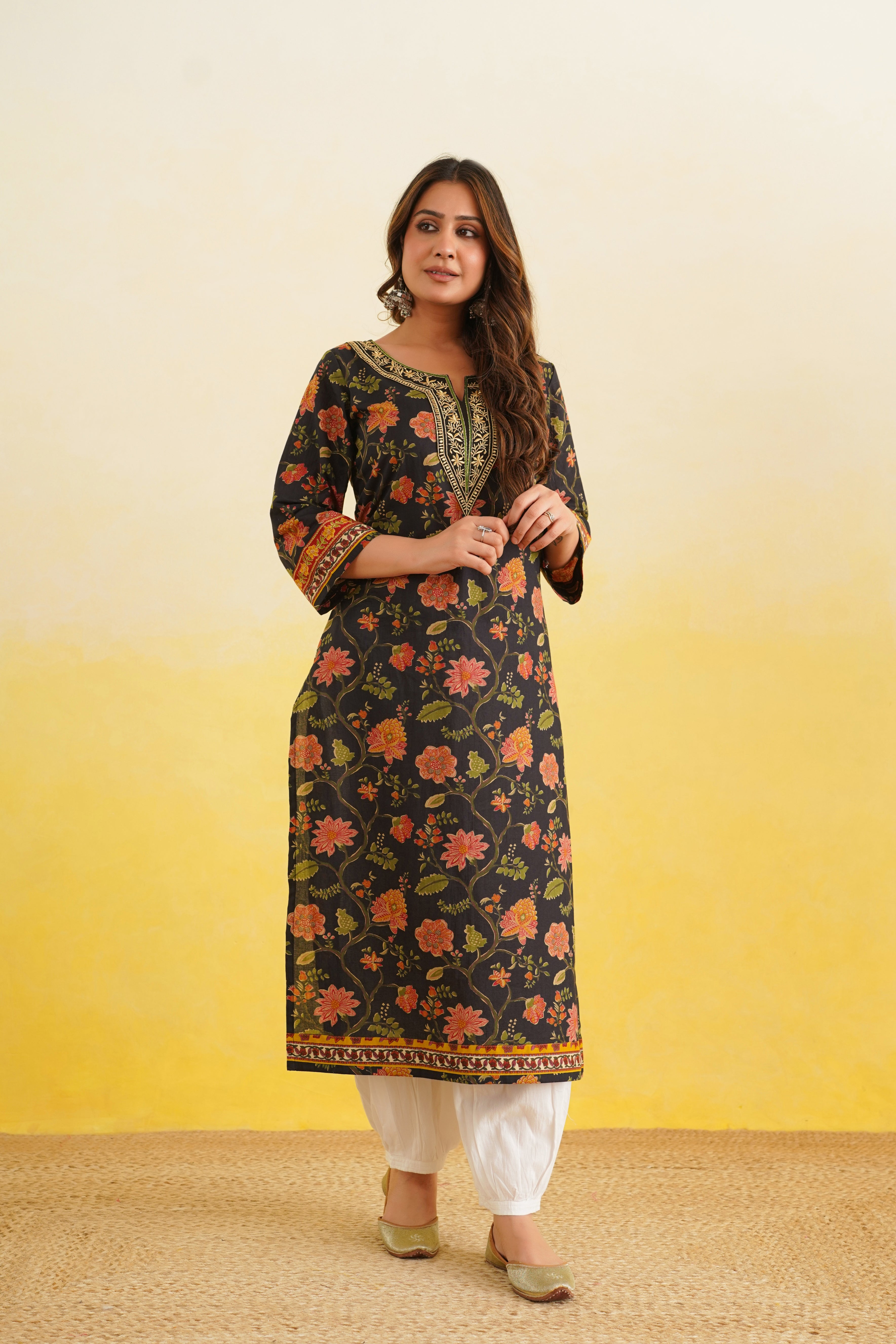 Black Floral Printed Cotton Kurta