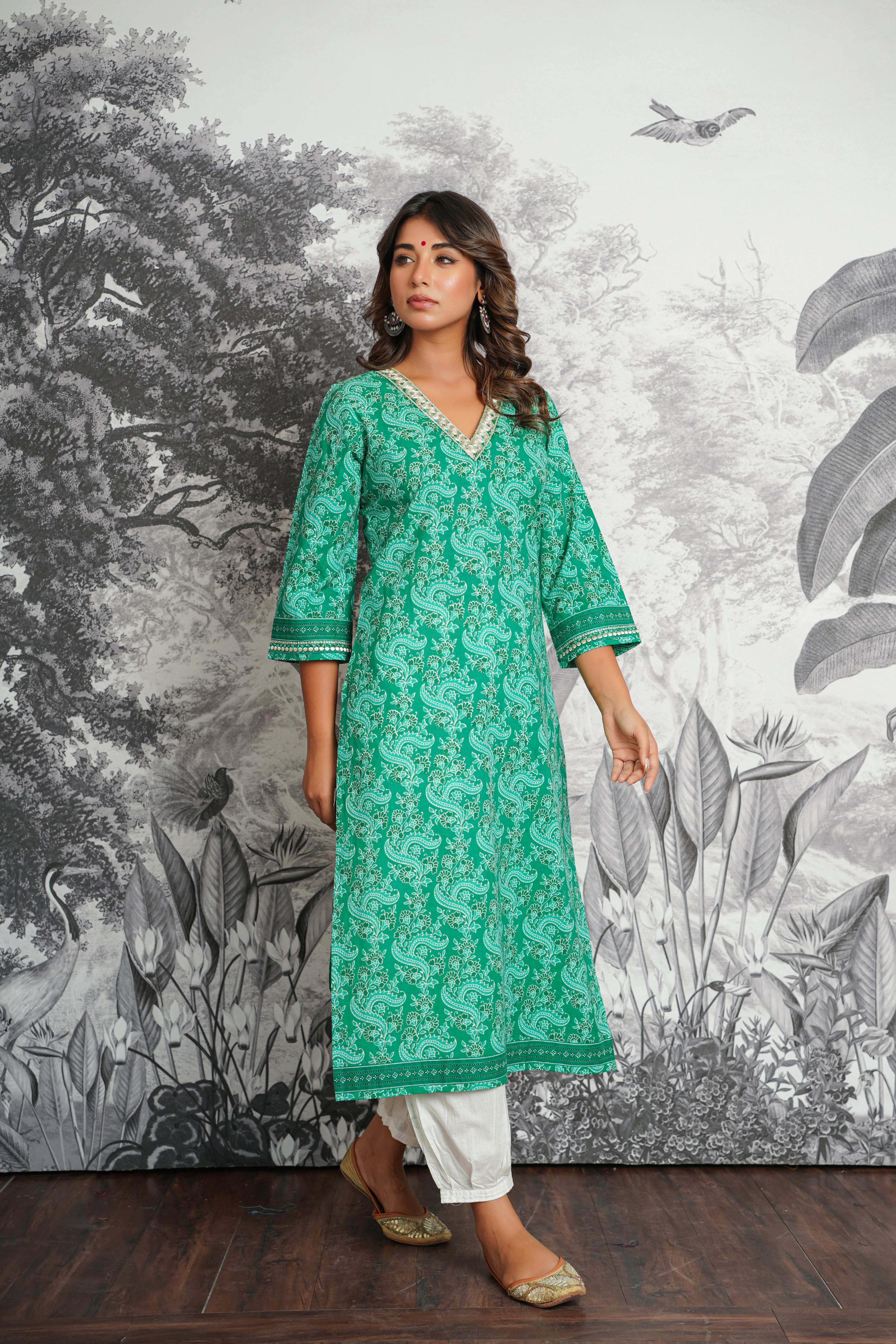 Green Floral Printed Cotton Kurta